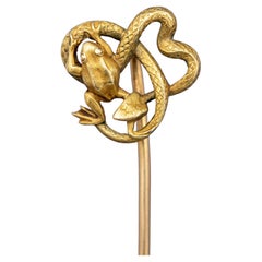 French 18k yellow gold stick pin - Antique Victorian brooch - Frog 
Snake jewel