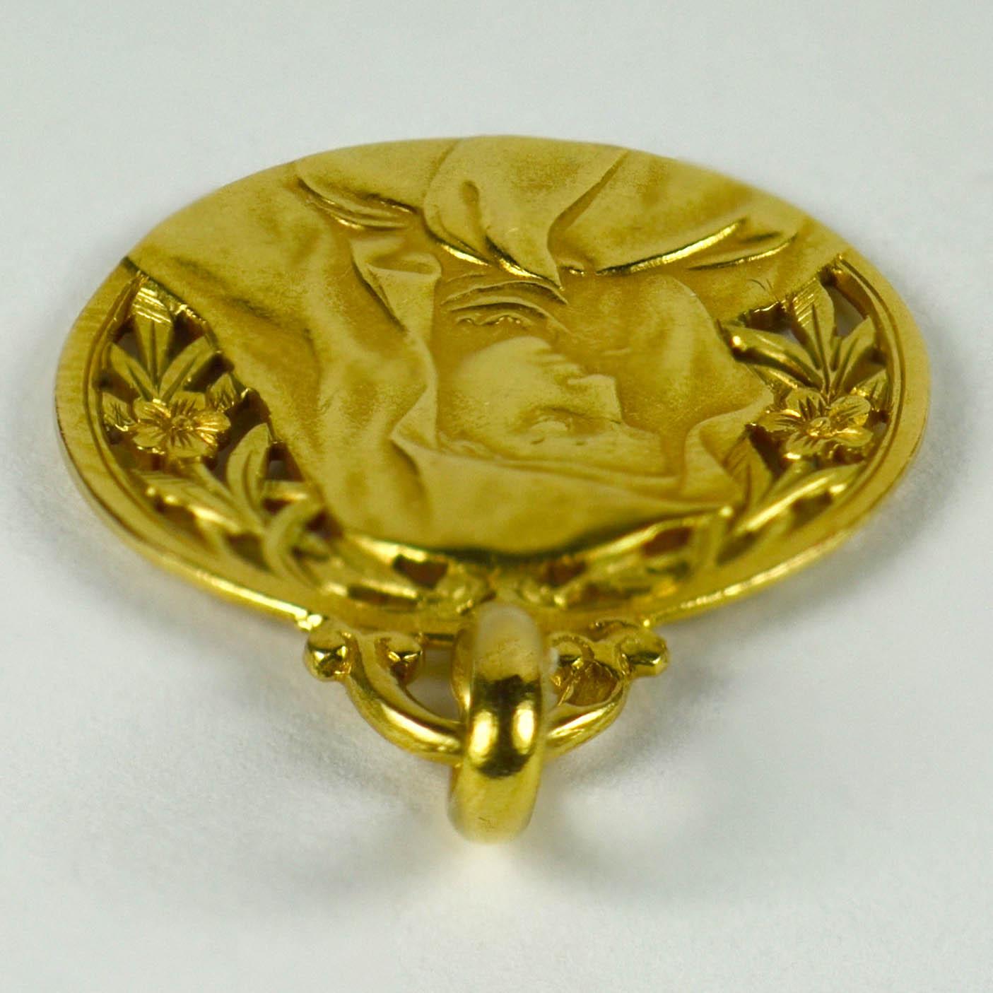 Art Nouveau French 18 Karat Yellow Gold Virgin Mary Flowers Medal Charm Pendant