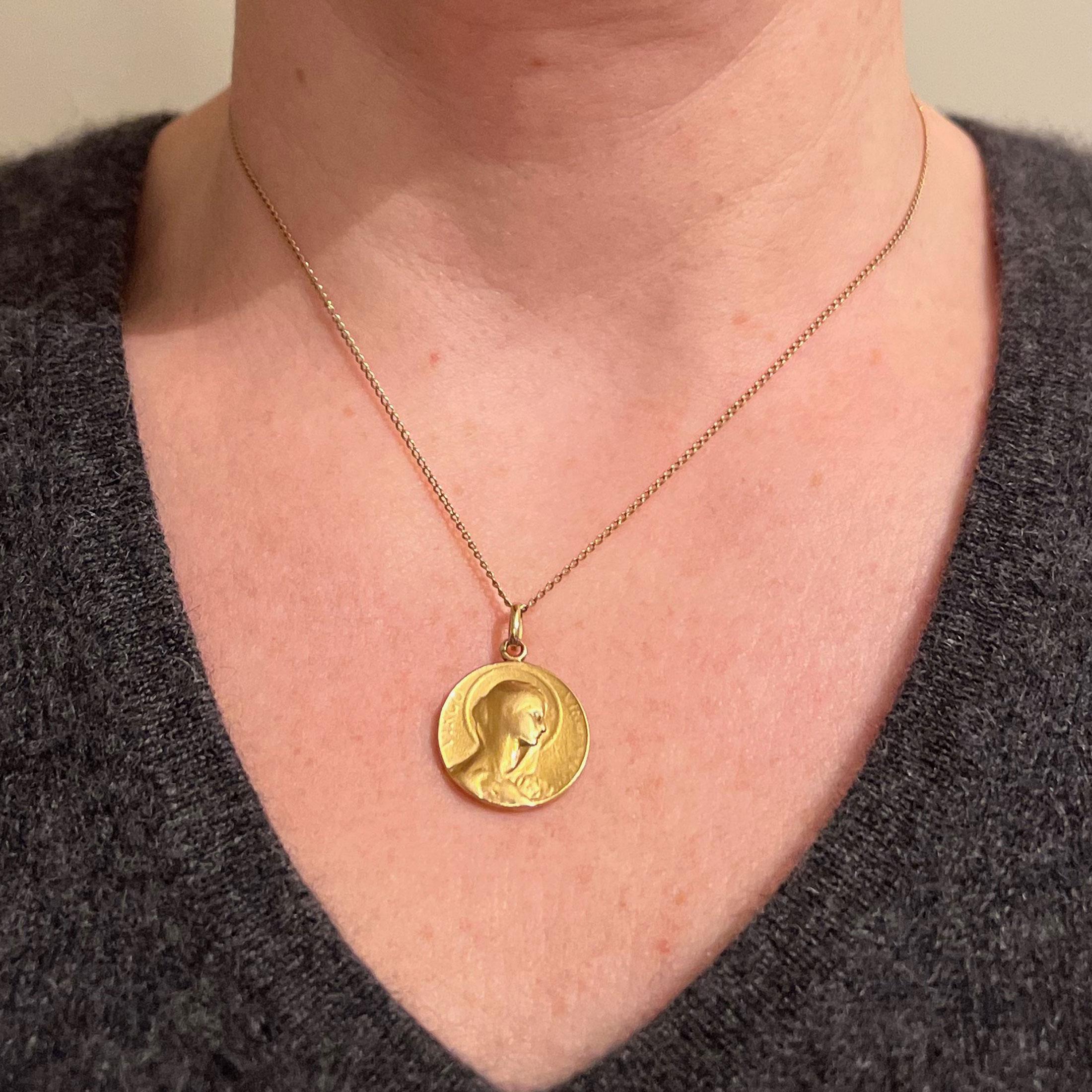 Women's or Men's French 18K Yellow Gold Virgin Mary Virgo Virginum Medal Pendant For Sale