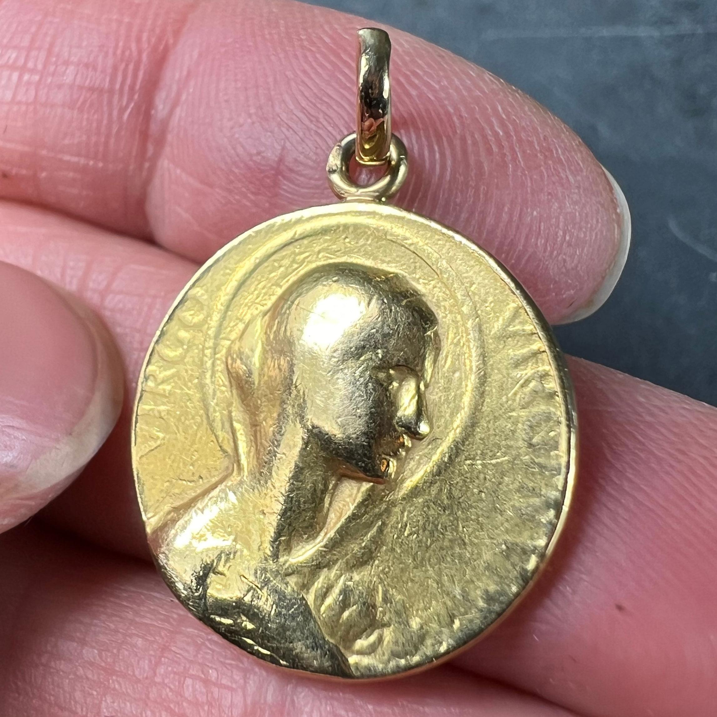 French 18K Yellow Gold Virgin Mary Virgo Virginum Medal Pendant For Sale 2