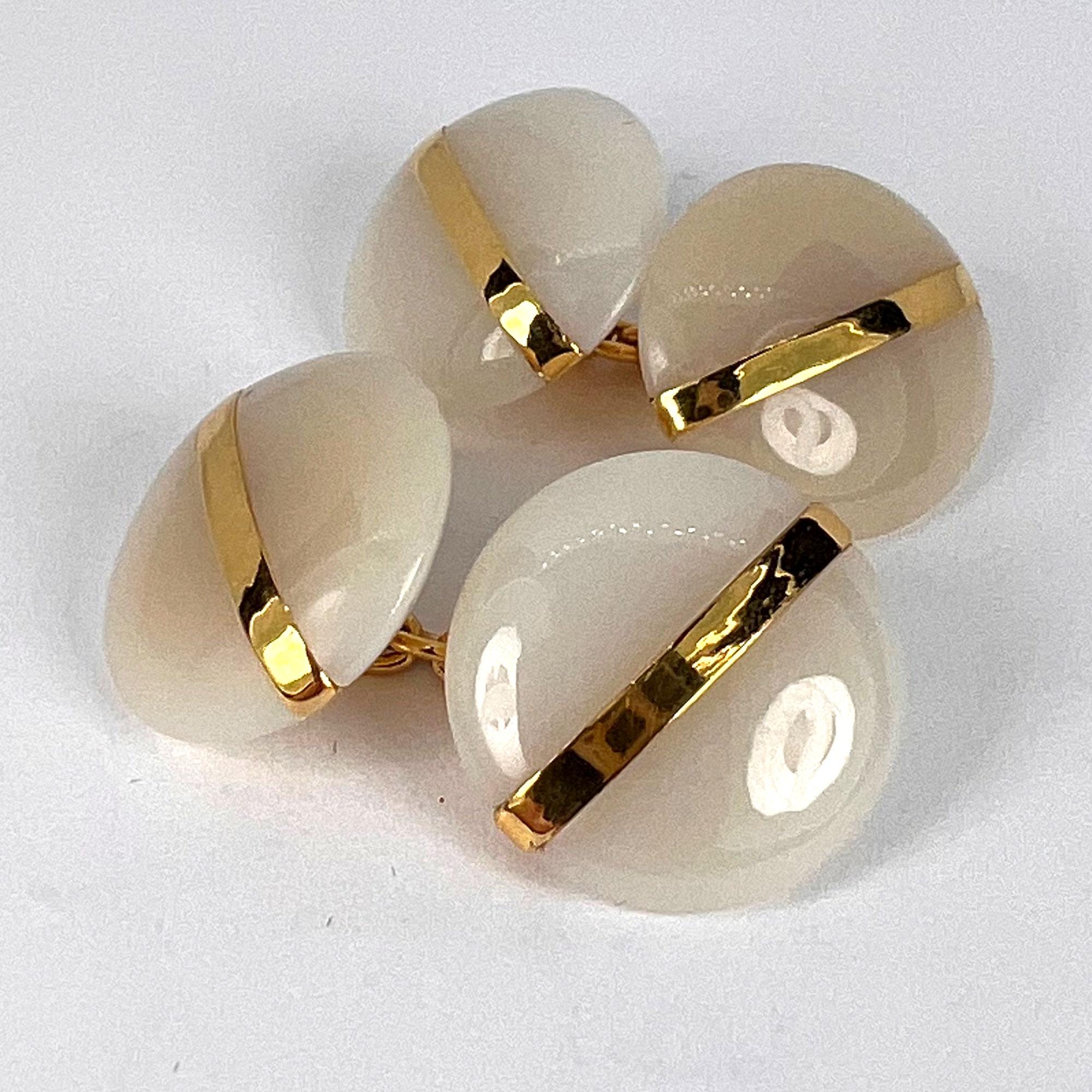 French 18K Yellow Gold White Agate Stripe Cufflinks For Sale 5