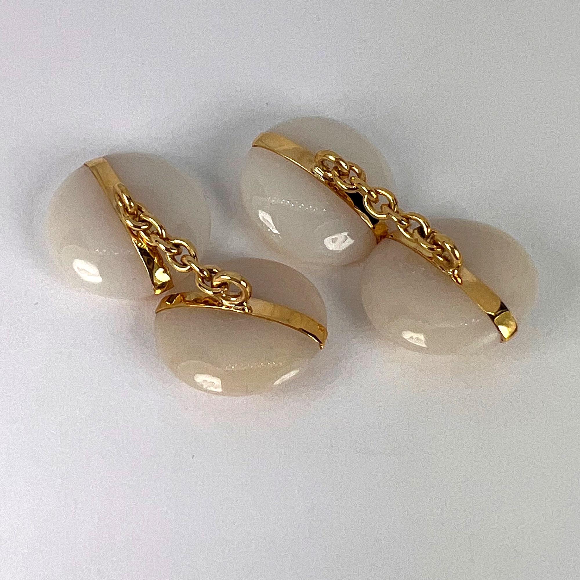 French 18K Yellow Gold White Agate Stripe Cufflinks For Sale 7