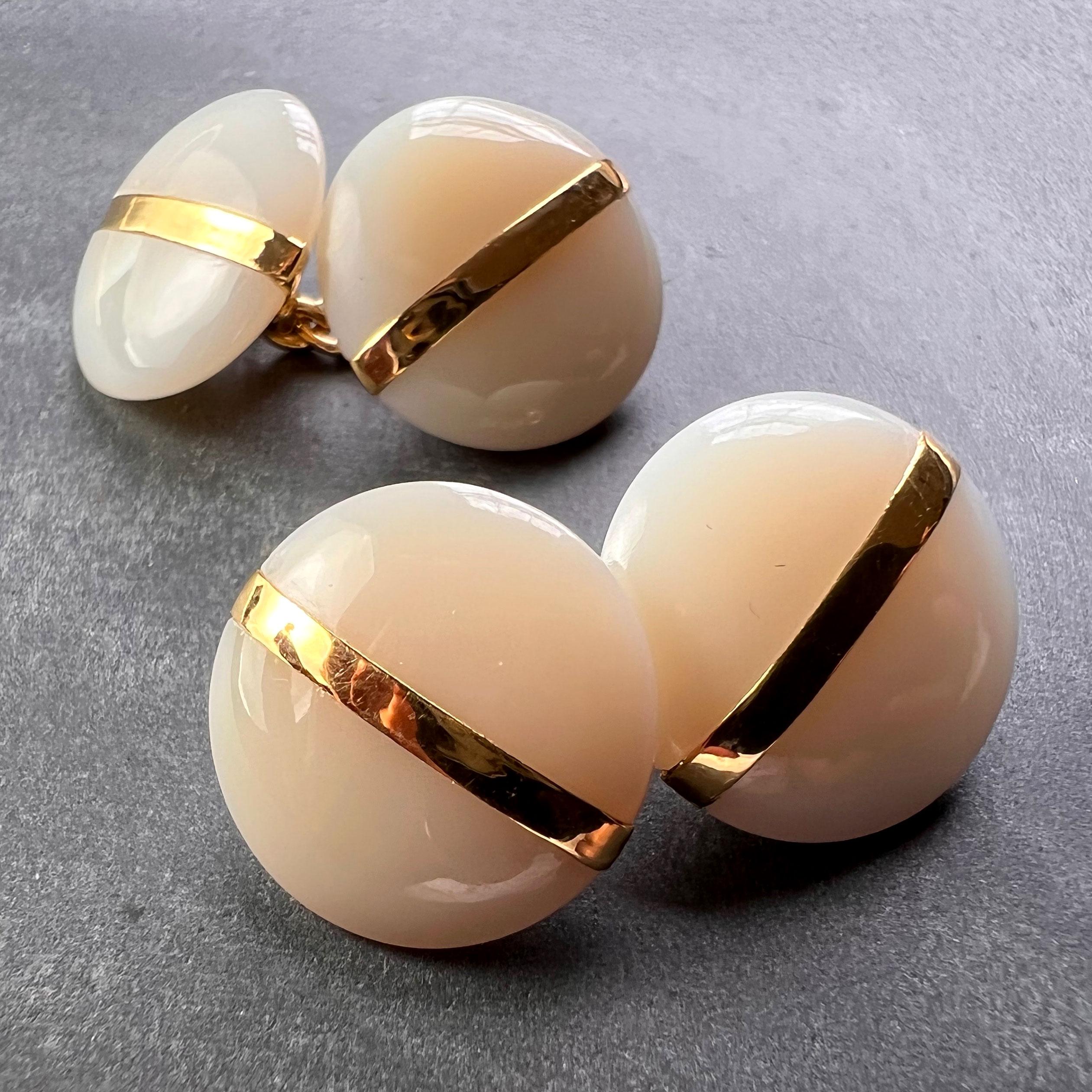 Cabochon French 18K Yellow Gold White Agate Stripe Cufflinks For Sale