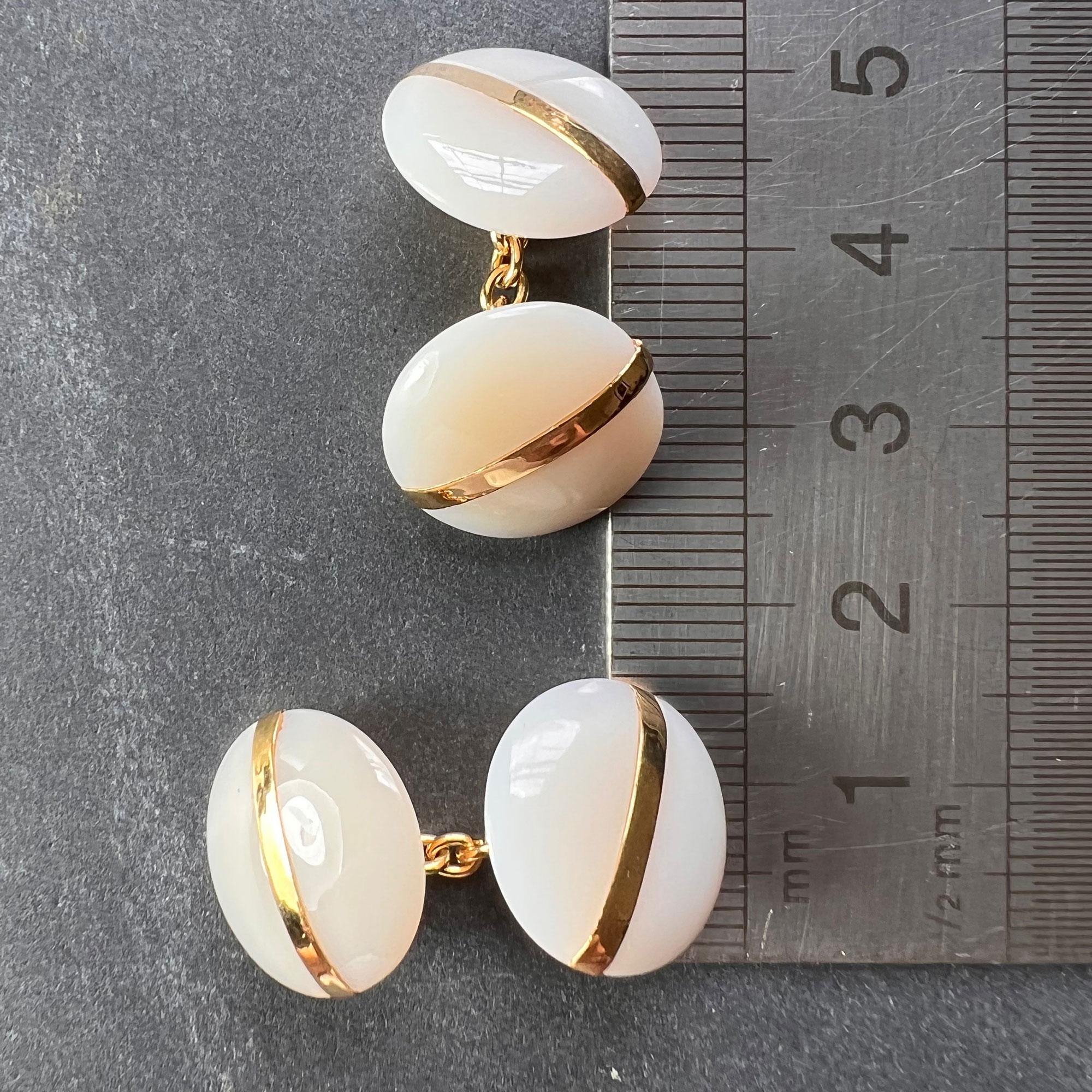 French 18K Yellow Gold White Agate Stripe Cufflinks For Sale 3