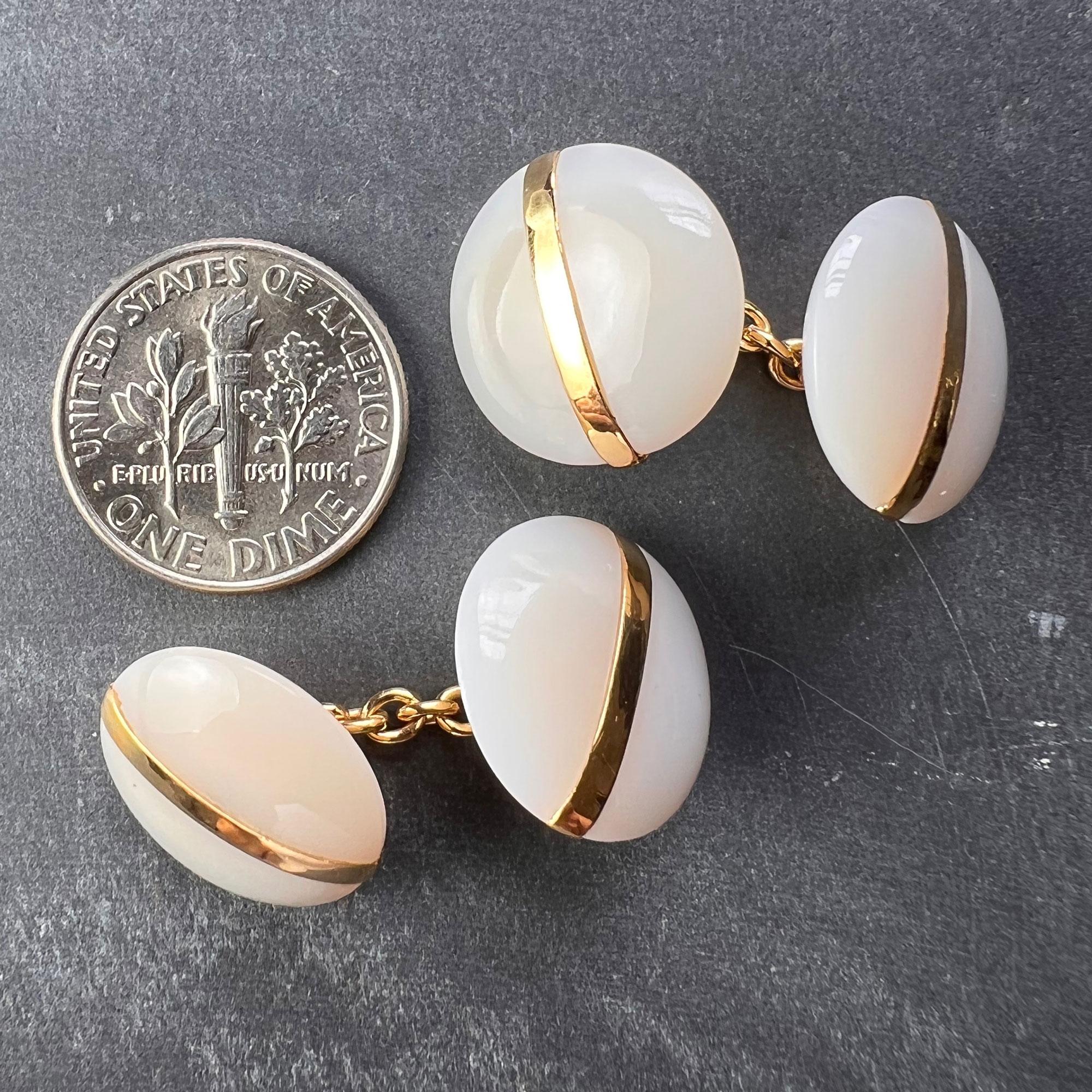 French 18K Yellow Gold White Agate Stripe Cufflinks For Sale 4