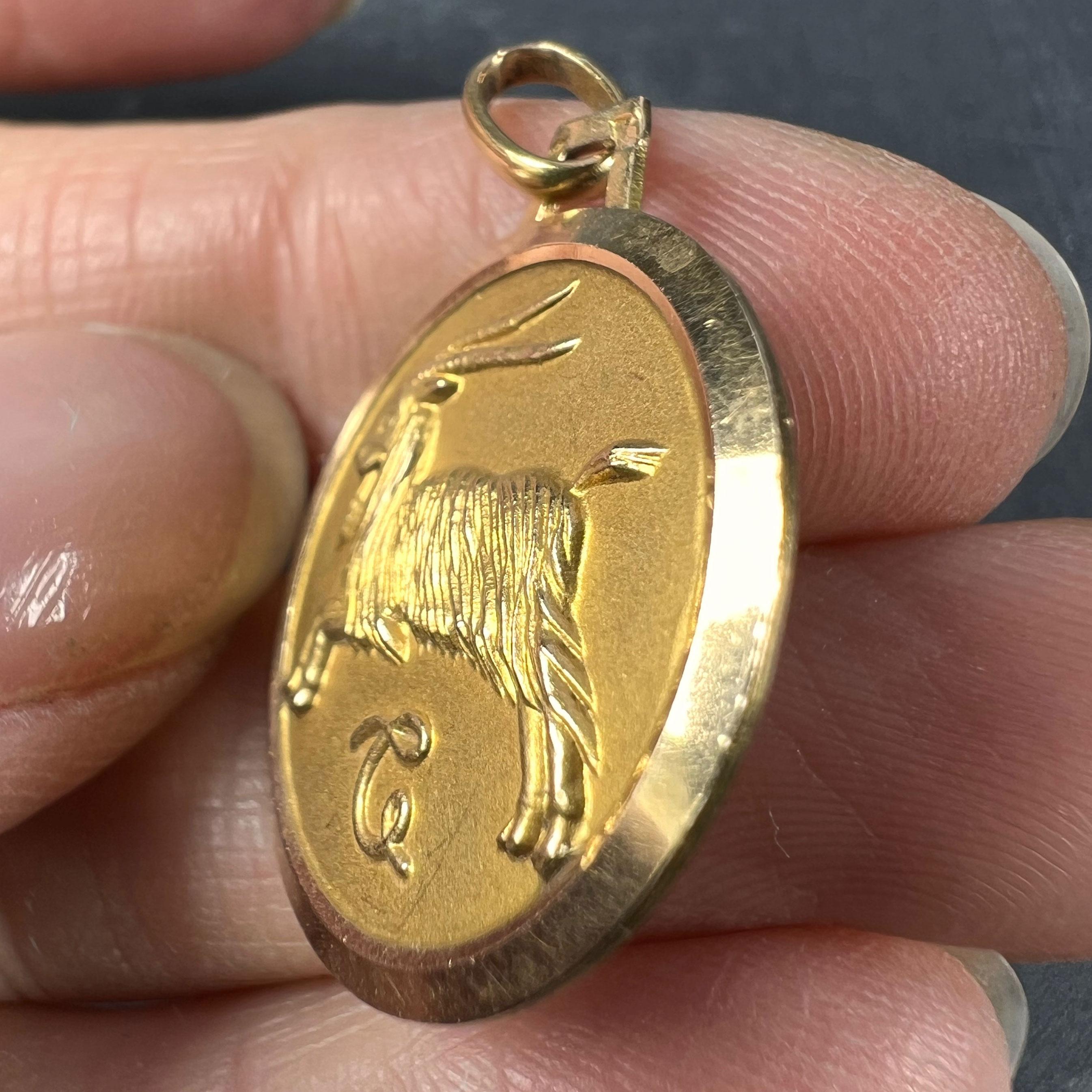 Women's or Men's French 18k Yellow Gold Zodiac Capricorn Charm Pendant For Sale