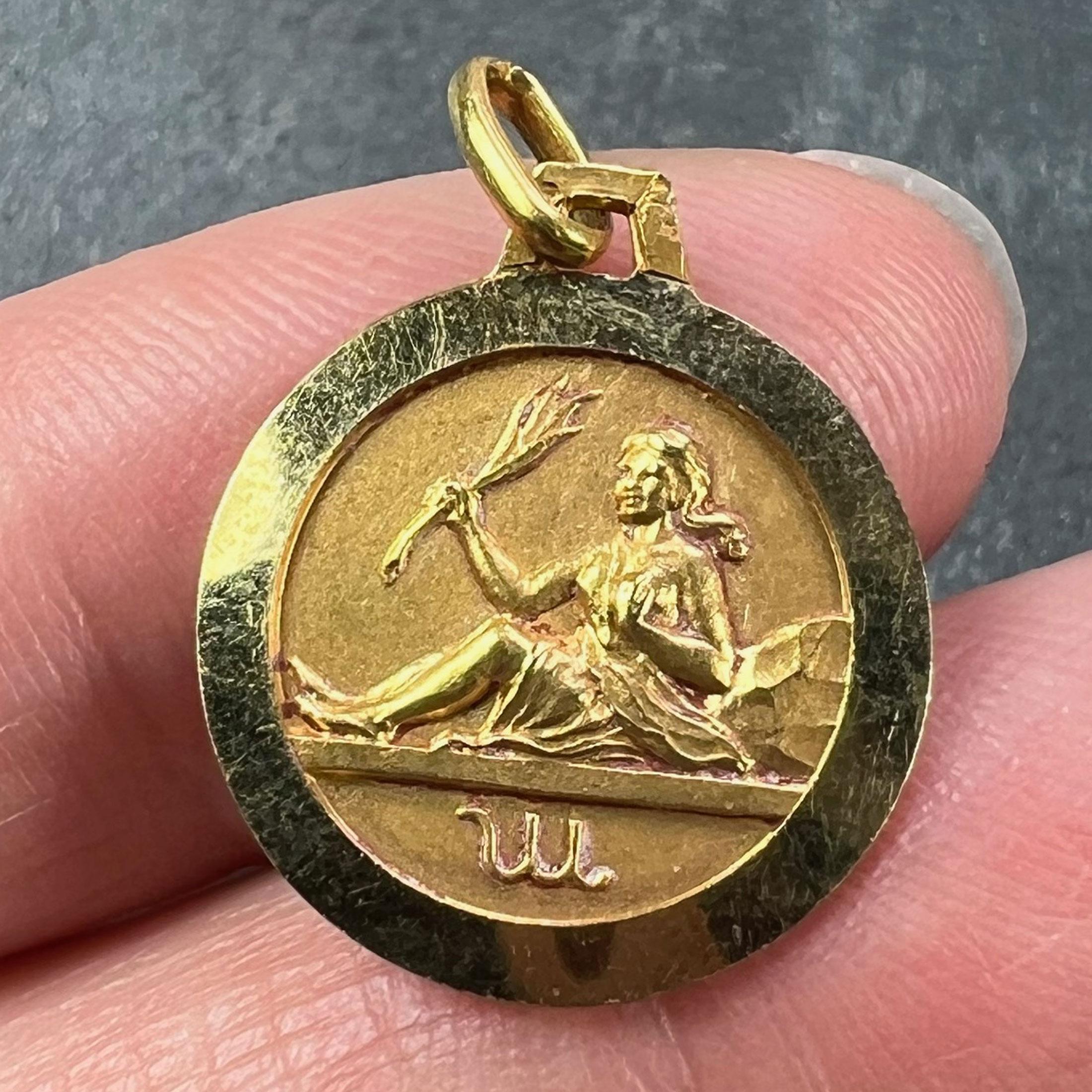 Women's or Men's French 18K Yellow Gold Zodiac Virgo Charm Pendant For Sale