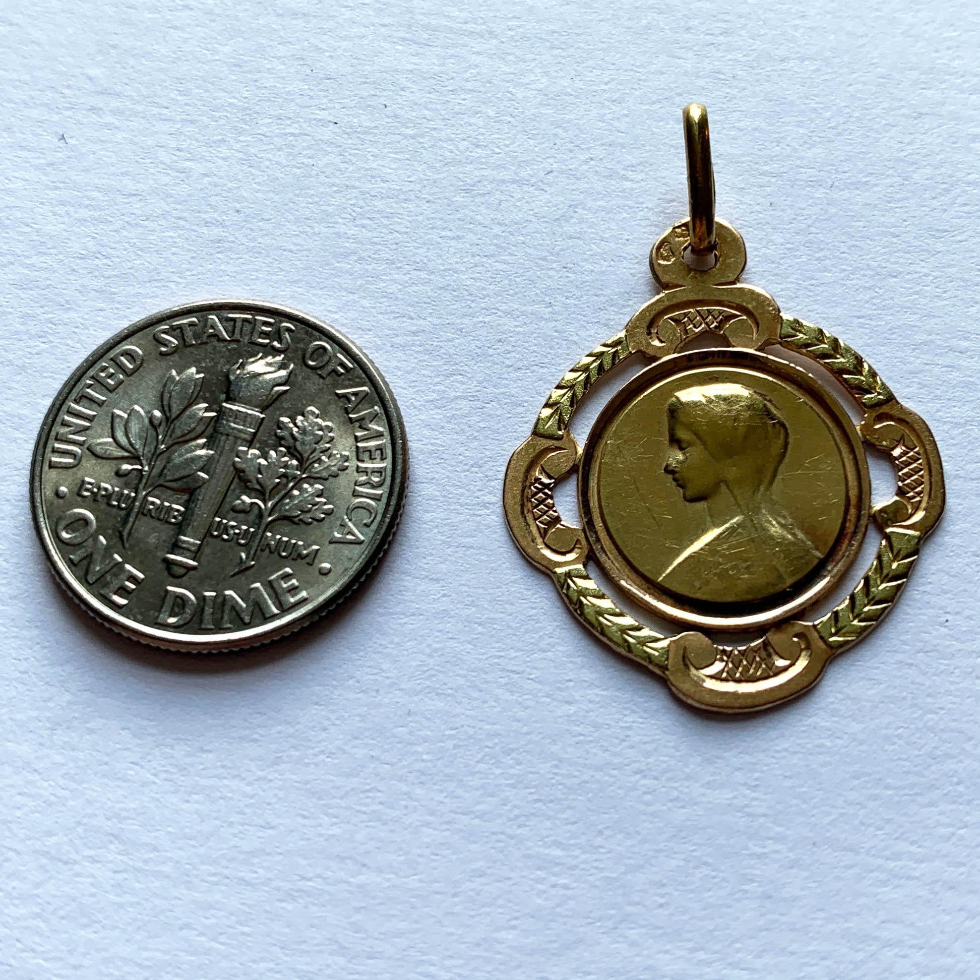Women's or Men's French 18 Karat Yellow Rose Gold Virgin Mary Frame Medal Charm Pendant
