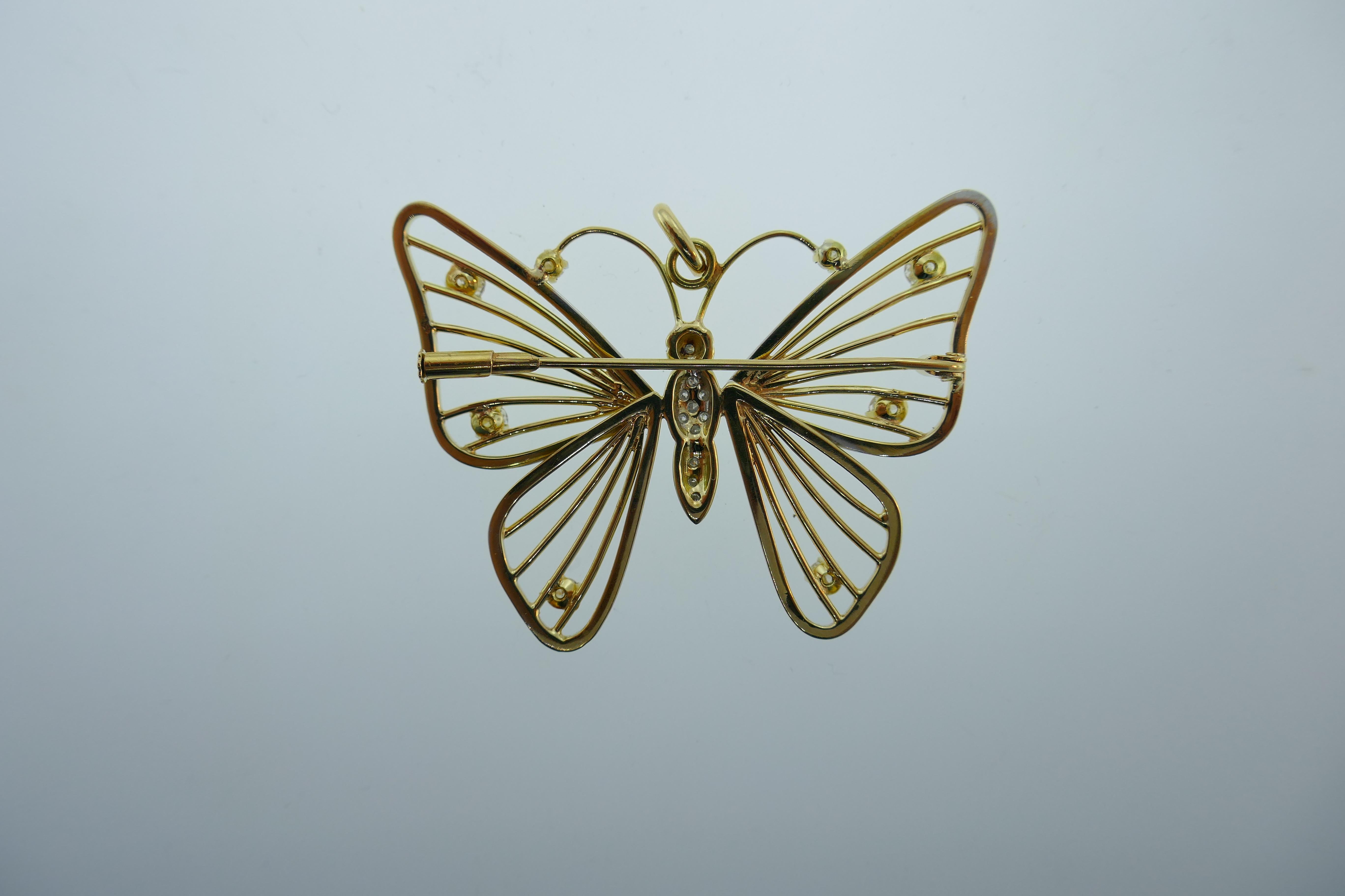 18 Karat Yellow and White Gold and Diamond Butterfly Pendant or Brooch Vintage In Excellent Condition In Beverly Hills, CA