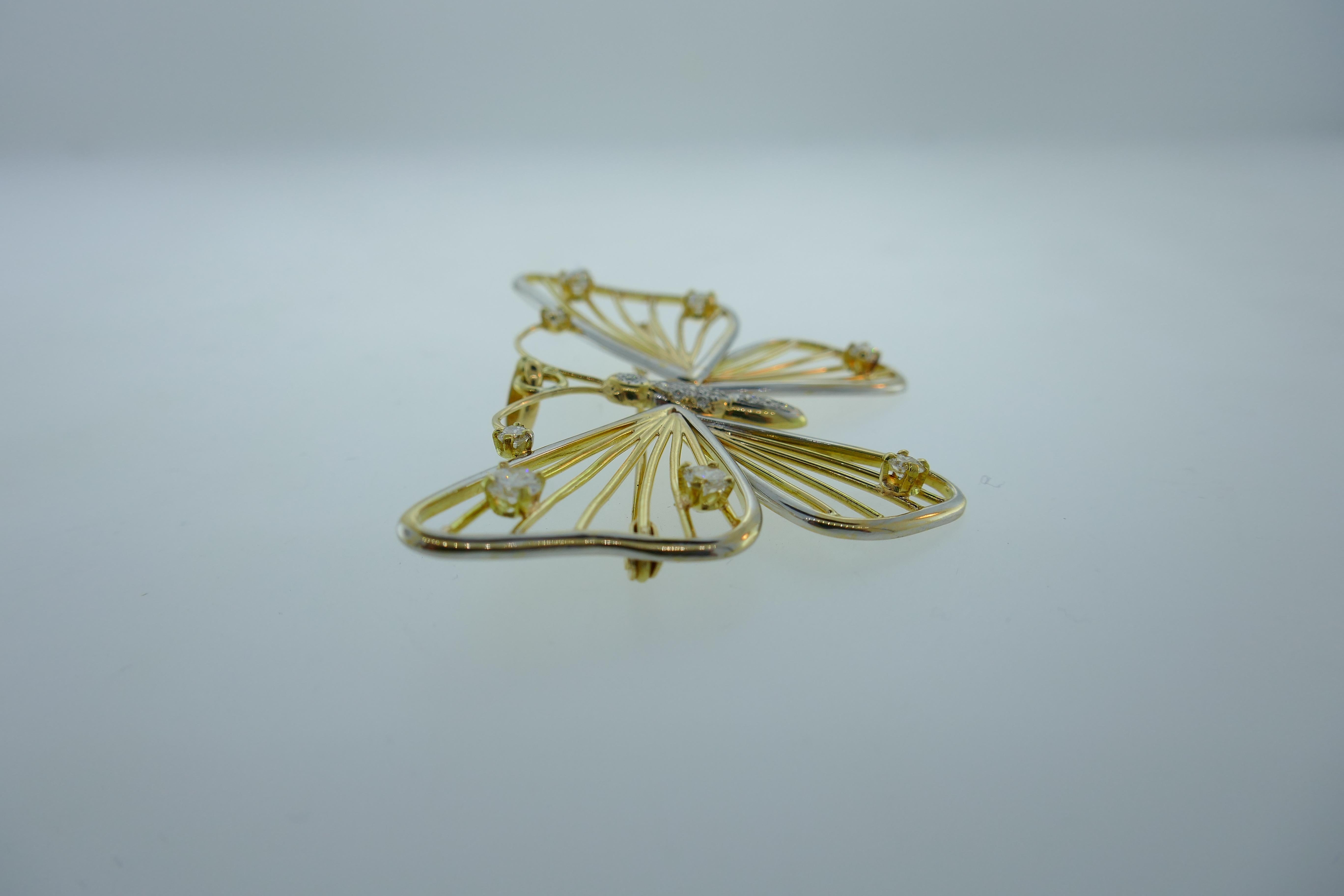 Women's or Men's 18 Karat Yellow and White Gold and Diamond Butterfly Pendant or Brooch Vintage