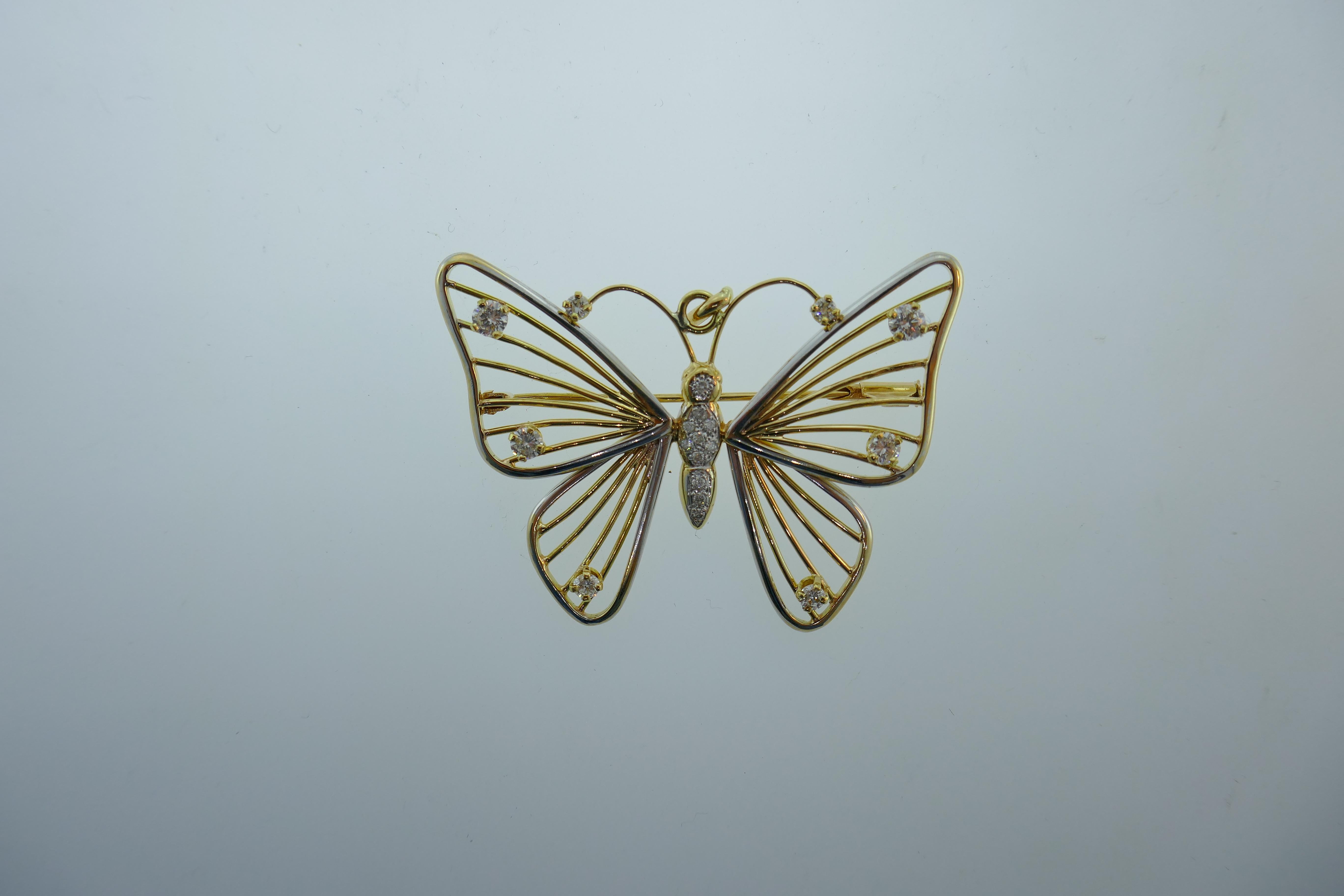 18 Karat Yellow and White Gold and Diamond Butterfly Pendant or Brooch Vintage 1