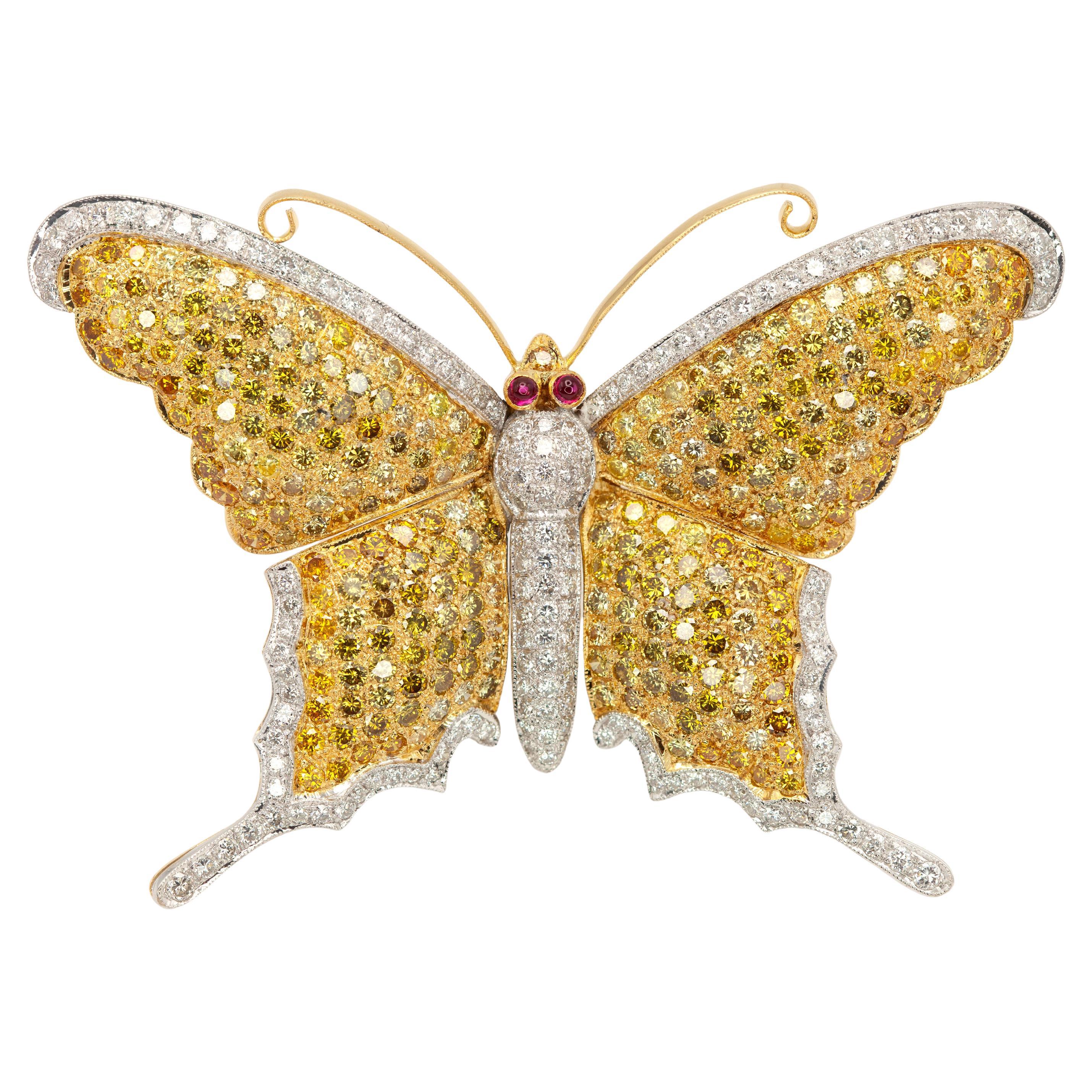 Broche Mariposa Francés 18K YG y WG Diamante Amarillo y Blanco Fancy - 11 Quilates