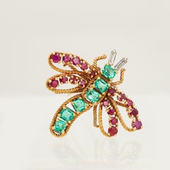 French 18K YG Emerald Ruby and Diamond Dragonfly Brooch
