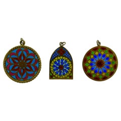 French 18k YG Plique a Jour Set of Three Charms / Pendants Vintage, circa 1970s