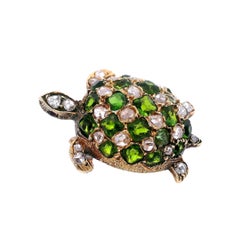 FRENCH 18kt Gold Antique Turtle Brooch with Demantoides and Diamonds