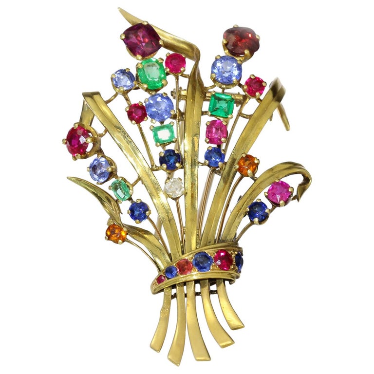 French 18kt Gold MultiStone Gold Brooch For Sale at 1stDibs