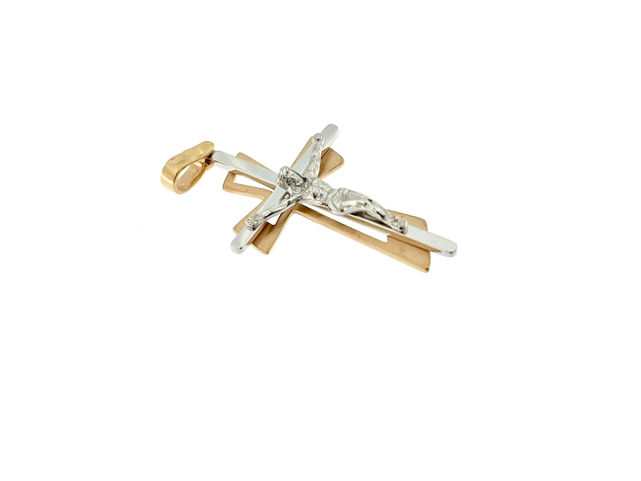 Women's or Men's French 18kt Rose and White Gold Crucifix For Sale