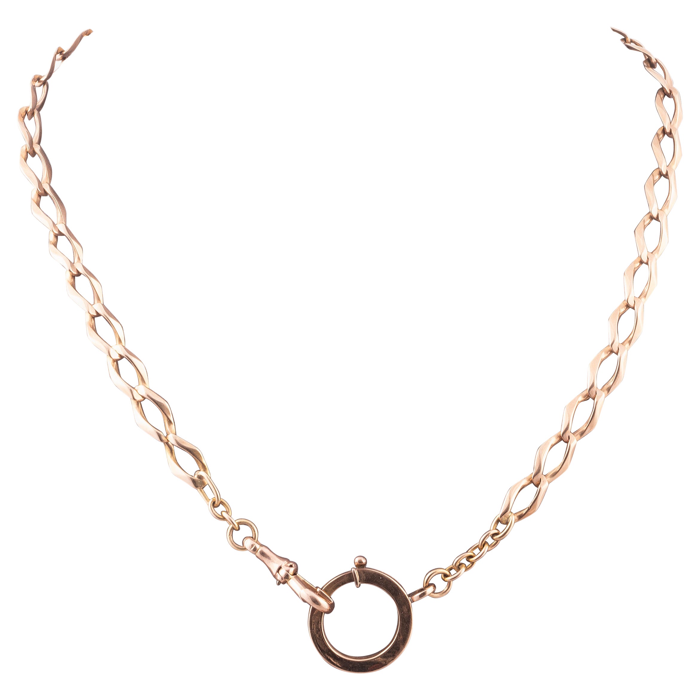 A rose gold watch chain, fancy open-mesh rose gold chain, with T-bar drop, hallmarked 18 carat gold, 40 cm length, gross weight 26 grams.