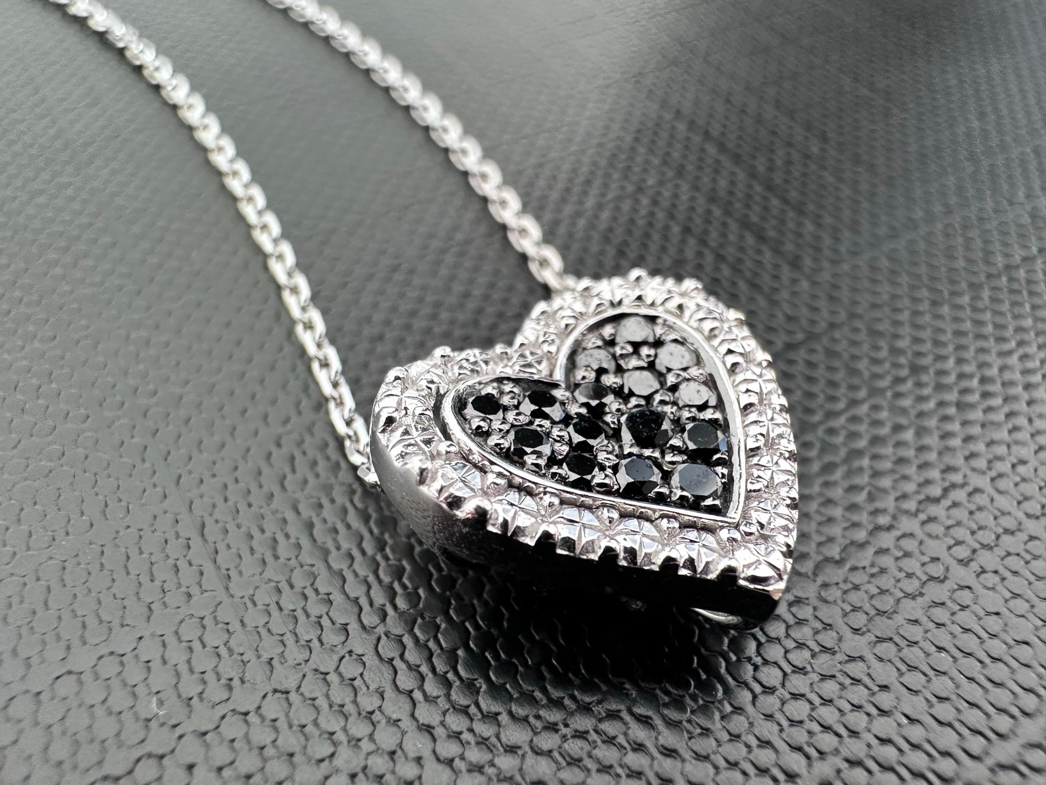 Women's or Men's French 18kt White Gold Heart Necklace with Black Diamonds For Sale