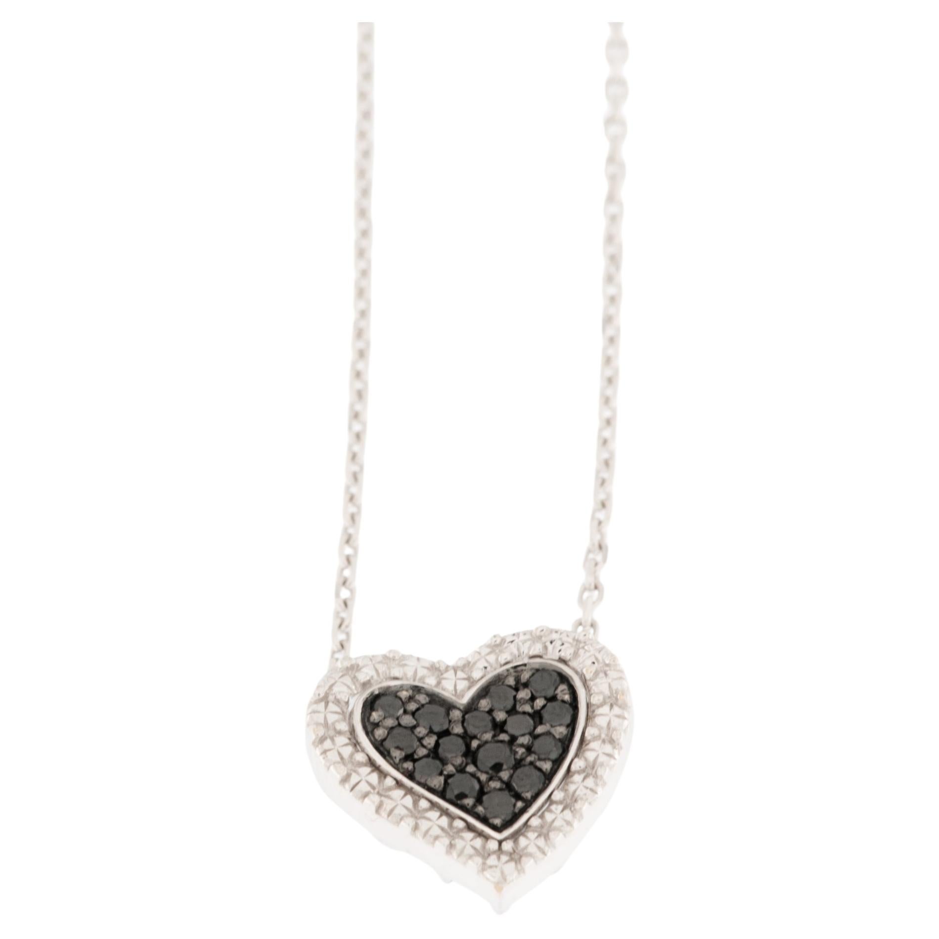 French 18kt White Gold Heart Necklace with Black Diamonds For Sale