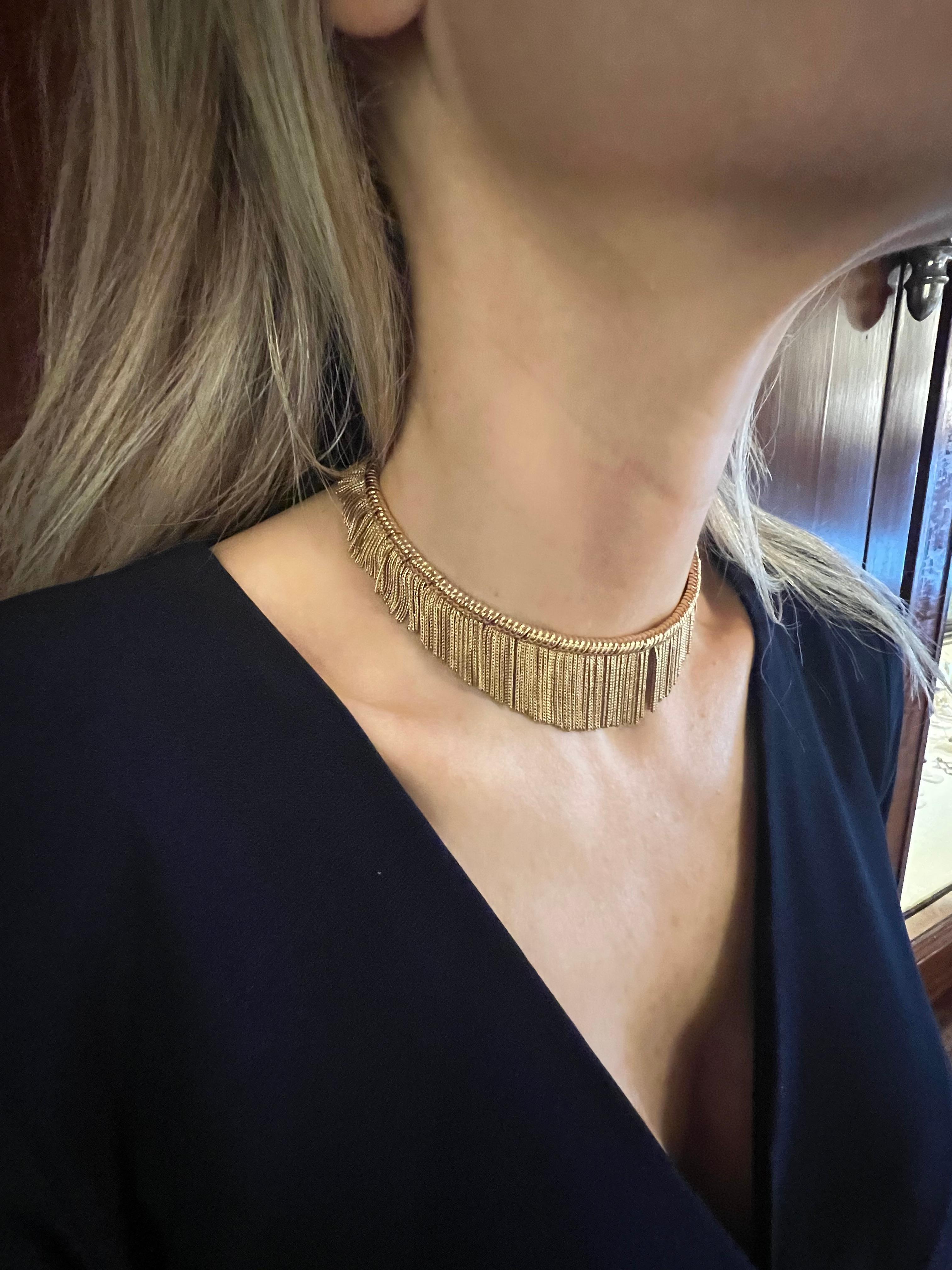 1950s French fringe-style necklace in 18kt yellow gold.  Delicate chain fringe measuring 1