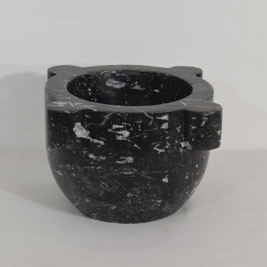 Beautiful and rare black marble (Belgian blue stone) mortar, France, circa 1750-1850. Great eyecatcher.
Weathered but good condition.