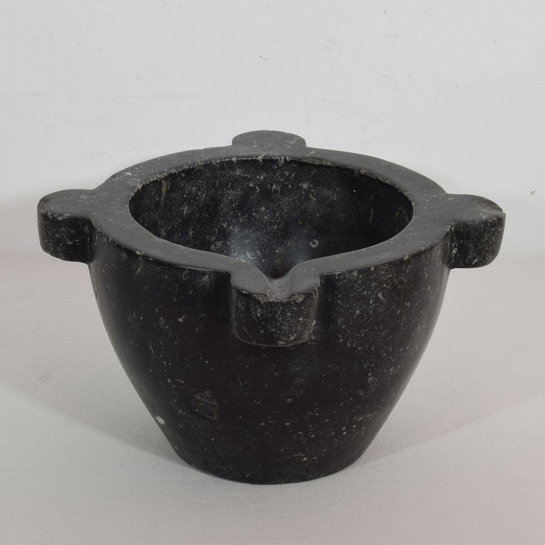 Beautiful and rare black marble (Belgium blue stone) mortar, France, circa 1750-1850. Great eyecatcher.
Weathered, small losses but good condition.