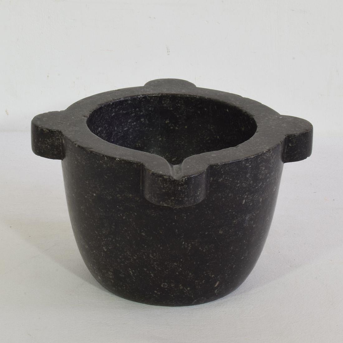 Beautiful and rare black marble (Belgium blue stone) mortar, France, circa 1750-1850. Great eyecatcher.
Weathered but good condition.