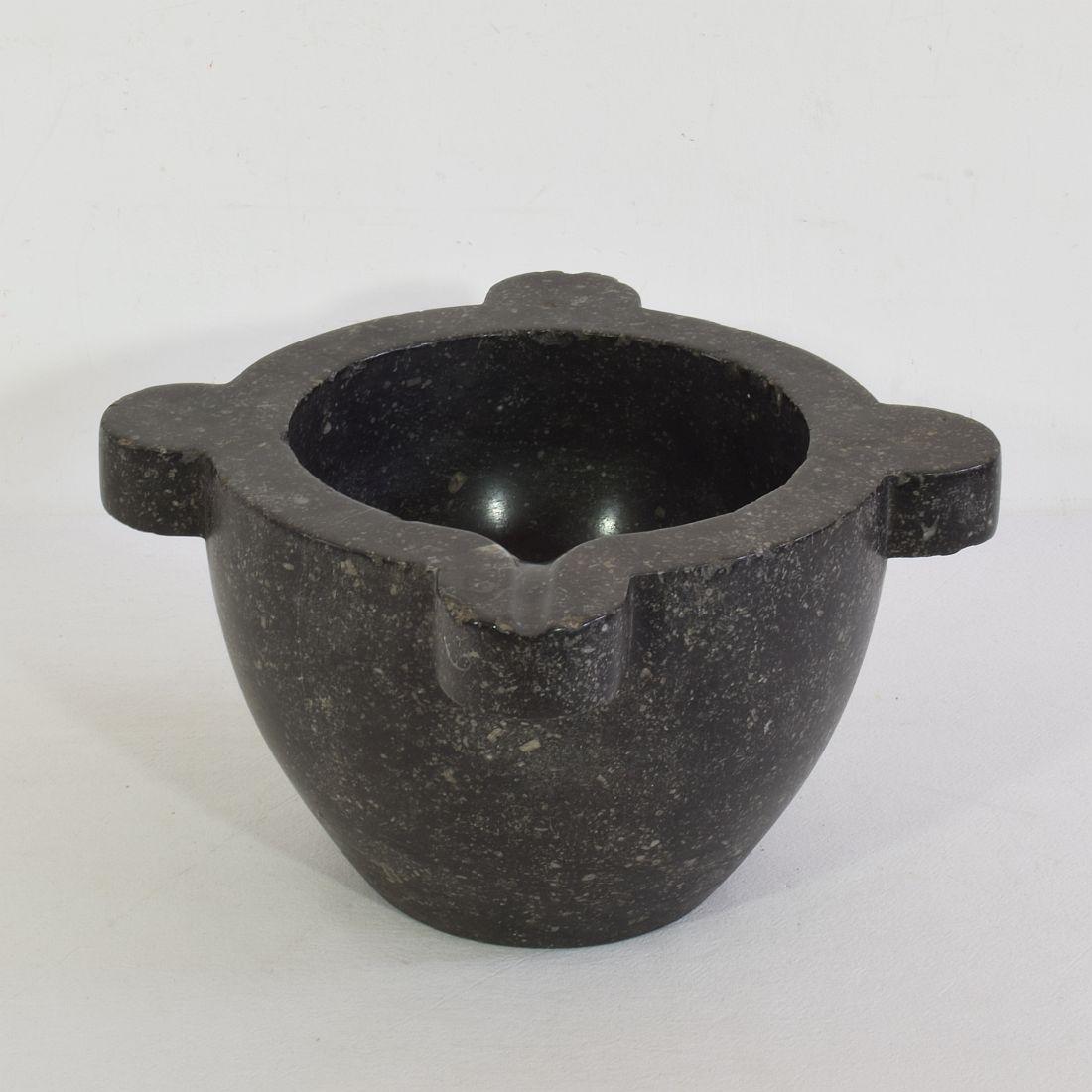 Beautiful and rare black marble (Belgium blue stone) mortar, France, circa 1750-1850. Great eyecatcher.
Weathered but good condition.