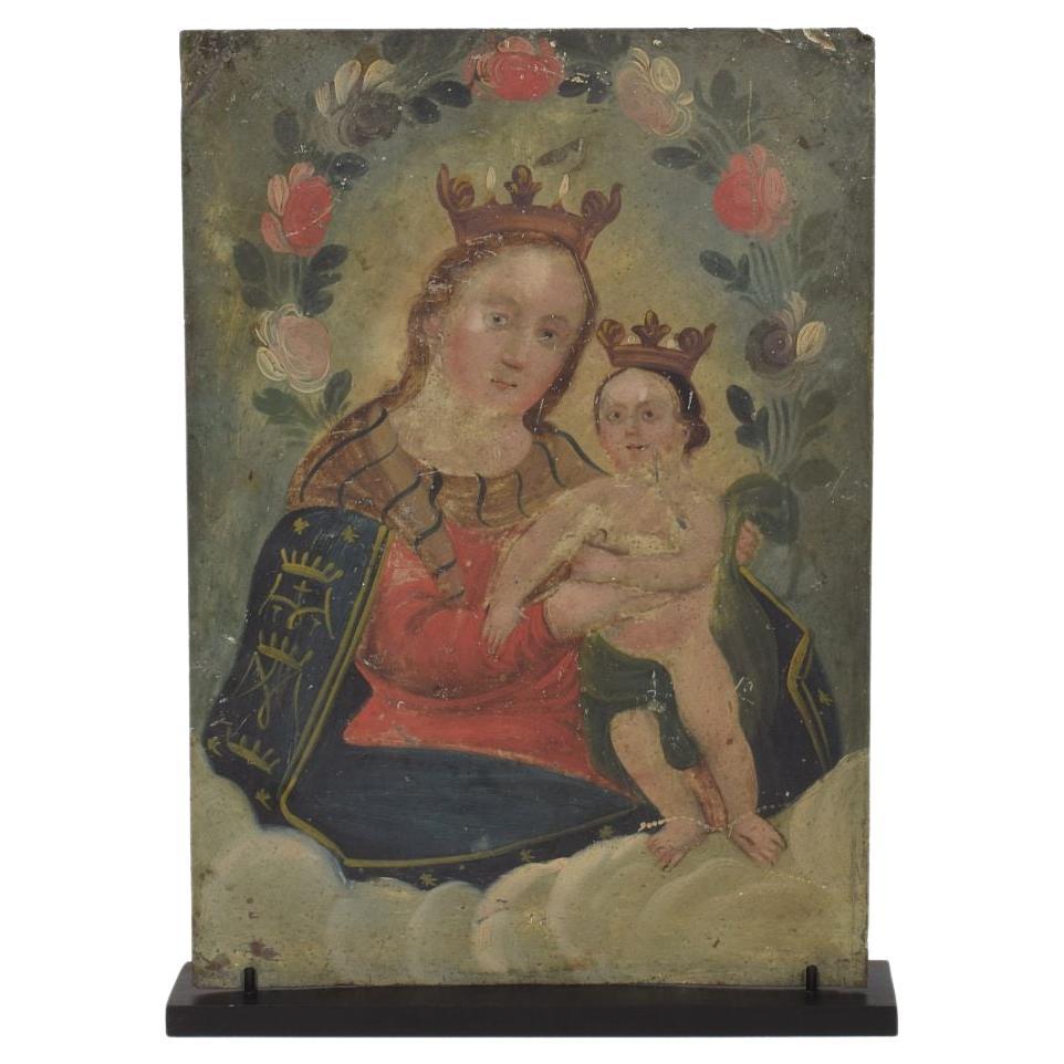 French 18th/ 19th Century Painting of Maria with Baby Jesus On Metal For Sale