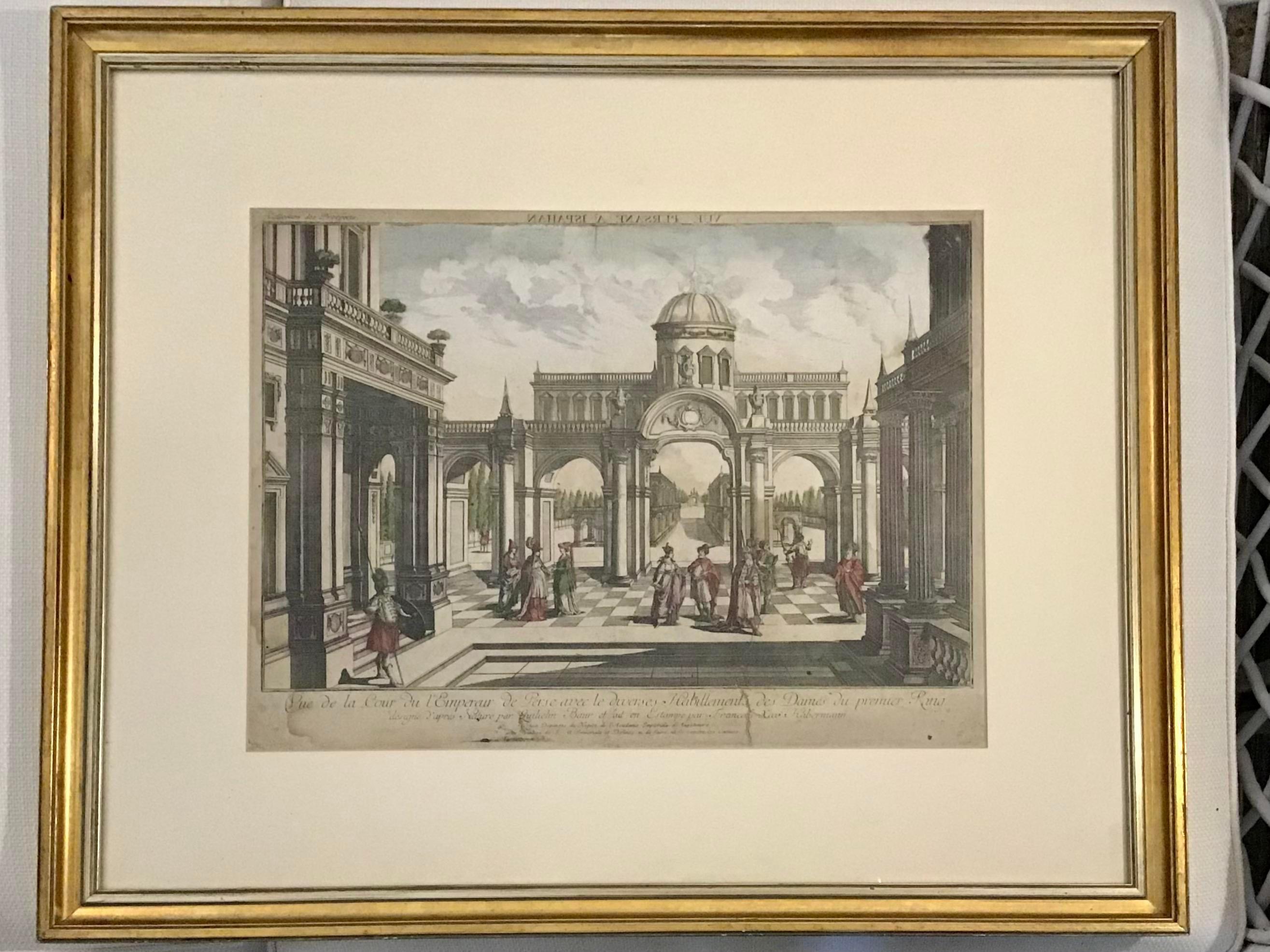 Gorgeous French 18th century etching of an architectural scene with watercolor details. Add some classic architecture to your home, very nice gild frame also.