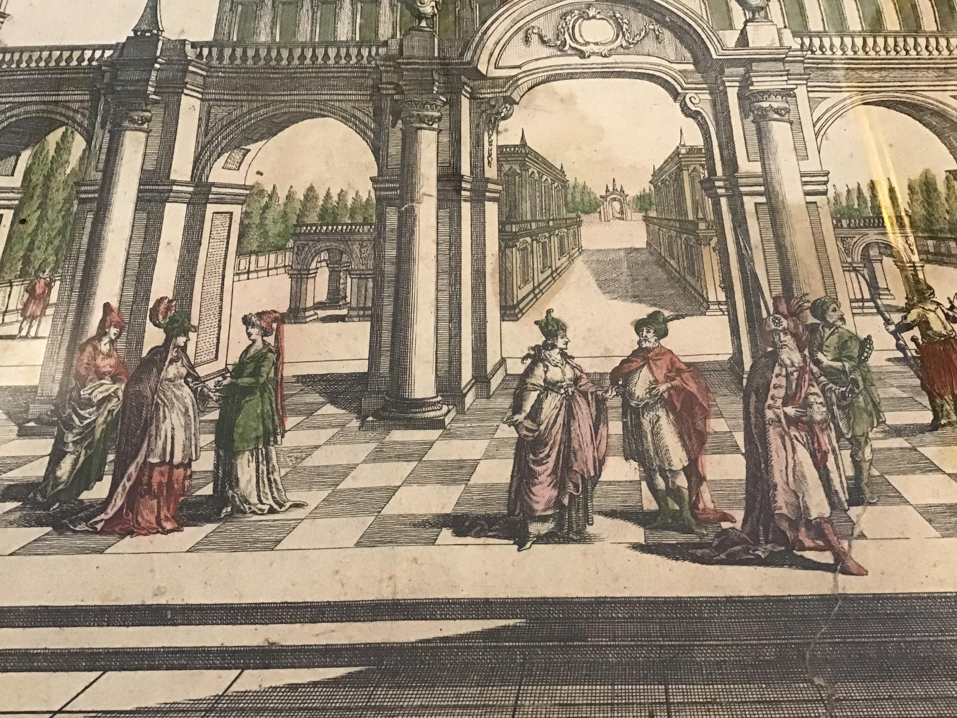 Glass French 18th Century Etching of Architectural Scene With Watercolor Details For Sale