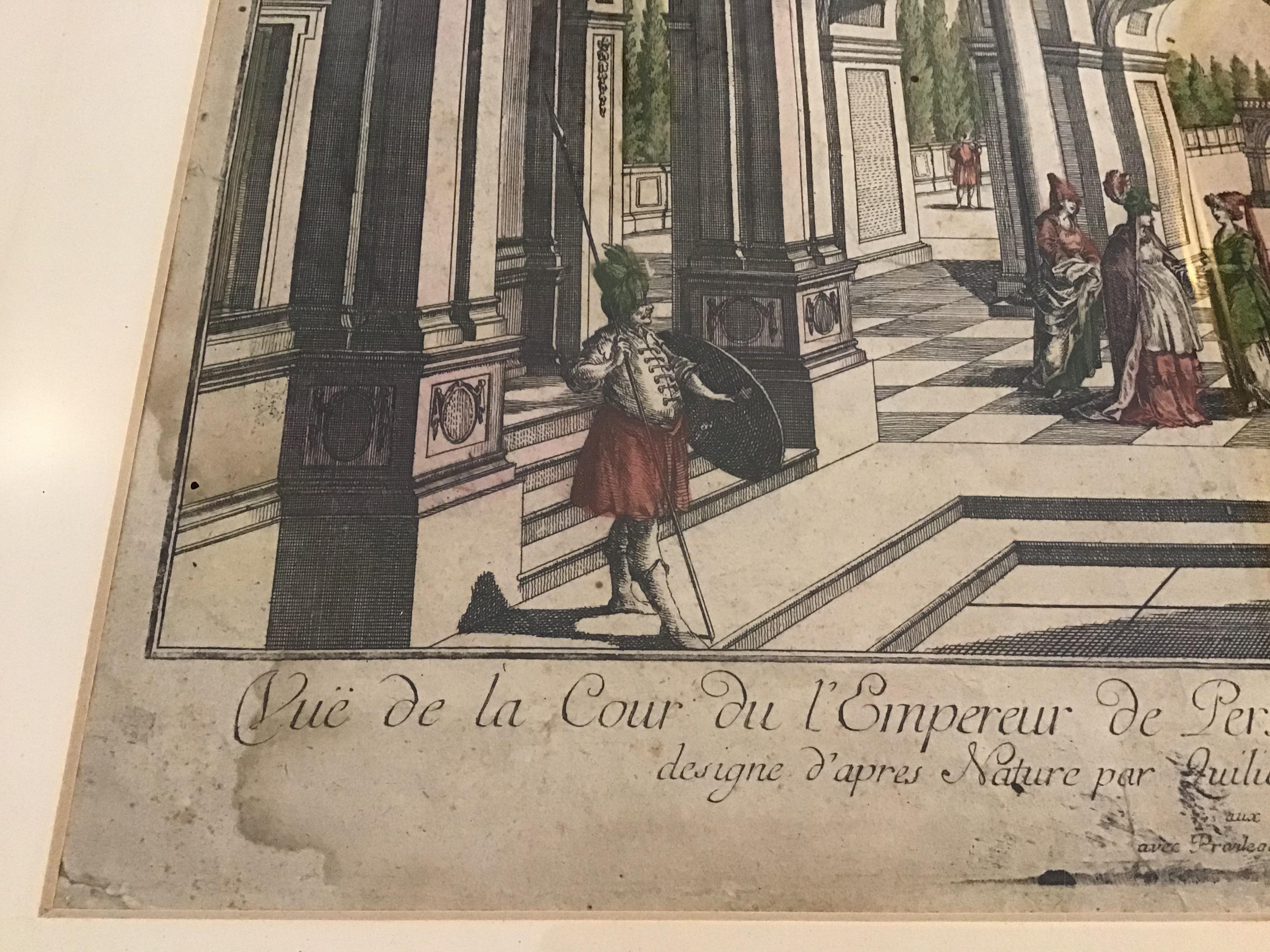 French 18th Century Etching of Architectural Scene With Watercolor Details For Sale 1