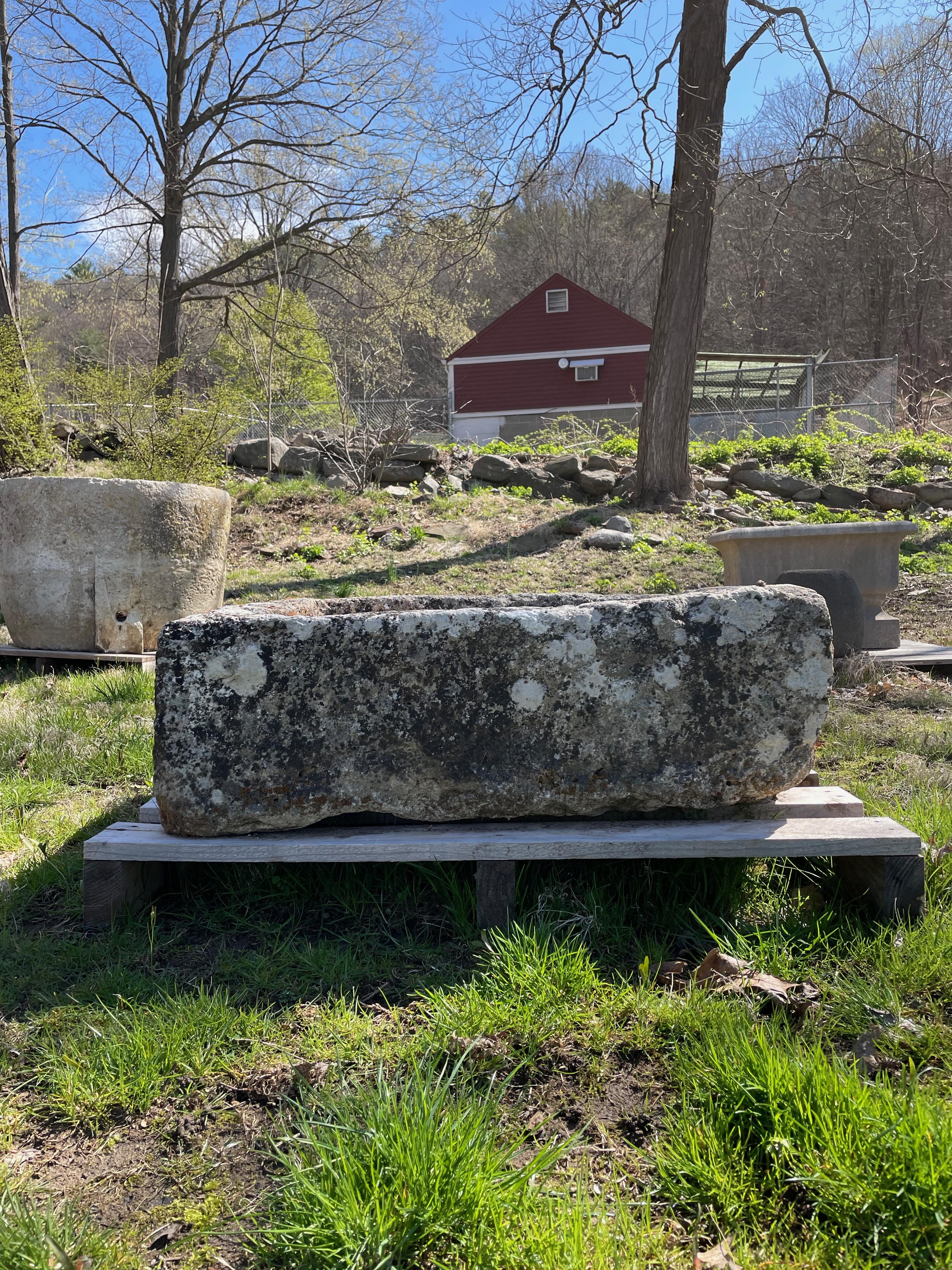 We love square troughs, not only because they are so rare, but because they are so versatile. This beauty was hand-carved from limestone and is almost a perfect square. In excellent antique condition, it features a beautiful patina with heavy lichen