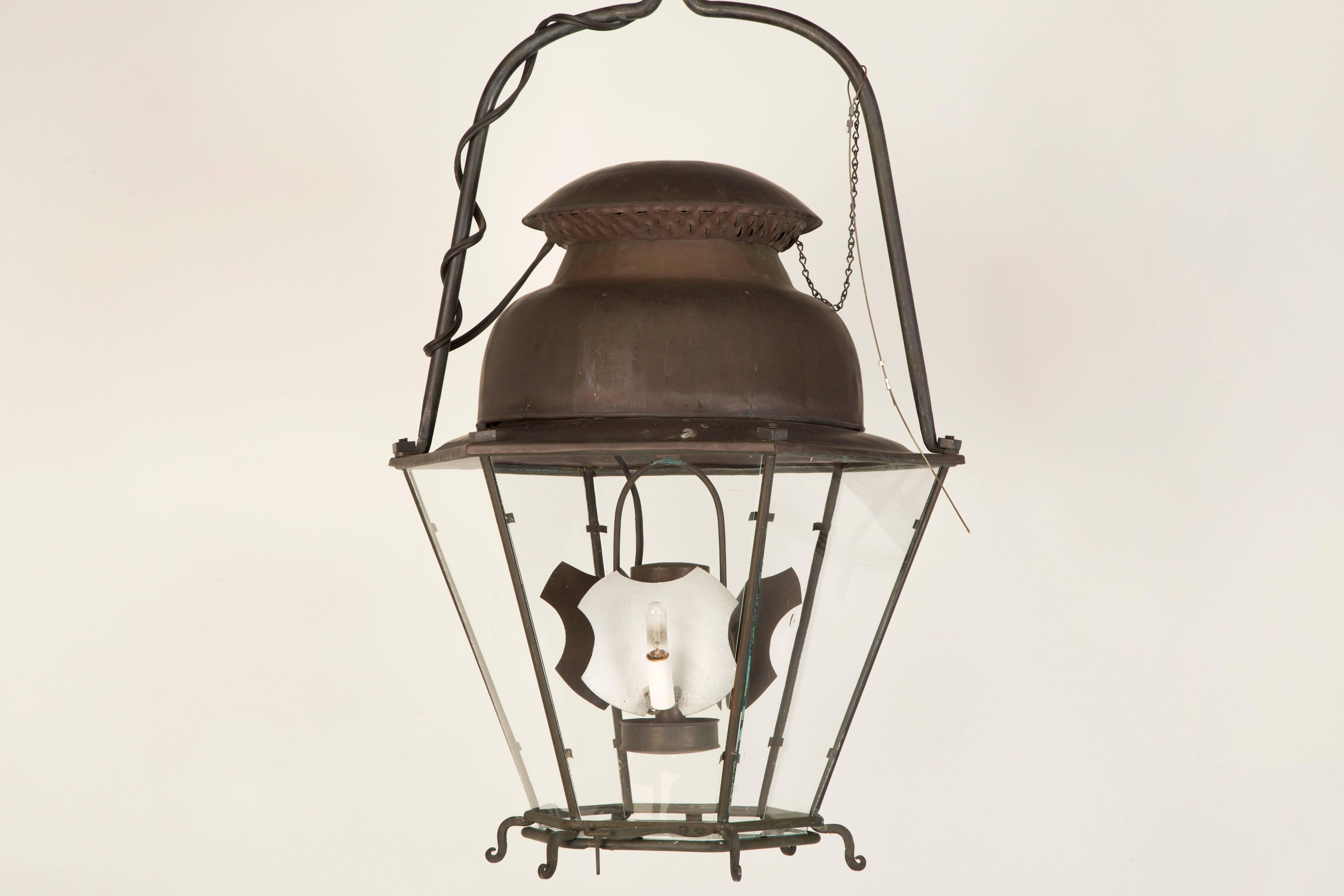 French 18th century style copper lanterns, recently hand-made by one of our craftsmen in Chicago. The French inspired copper lanterns were fabricated utilizing a set of blueprints from the Historical Division of the French Government. This