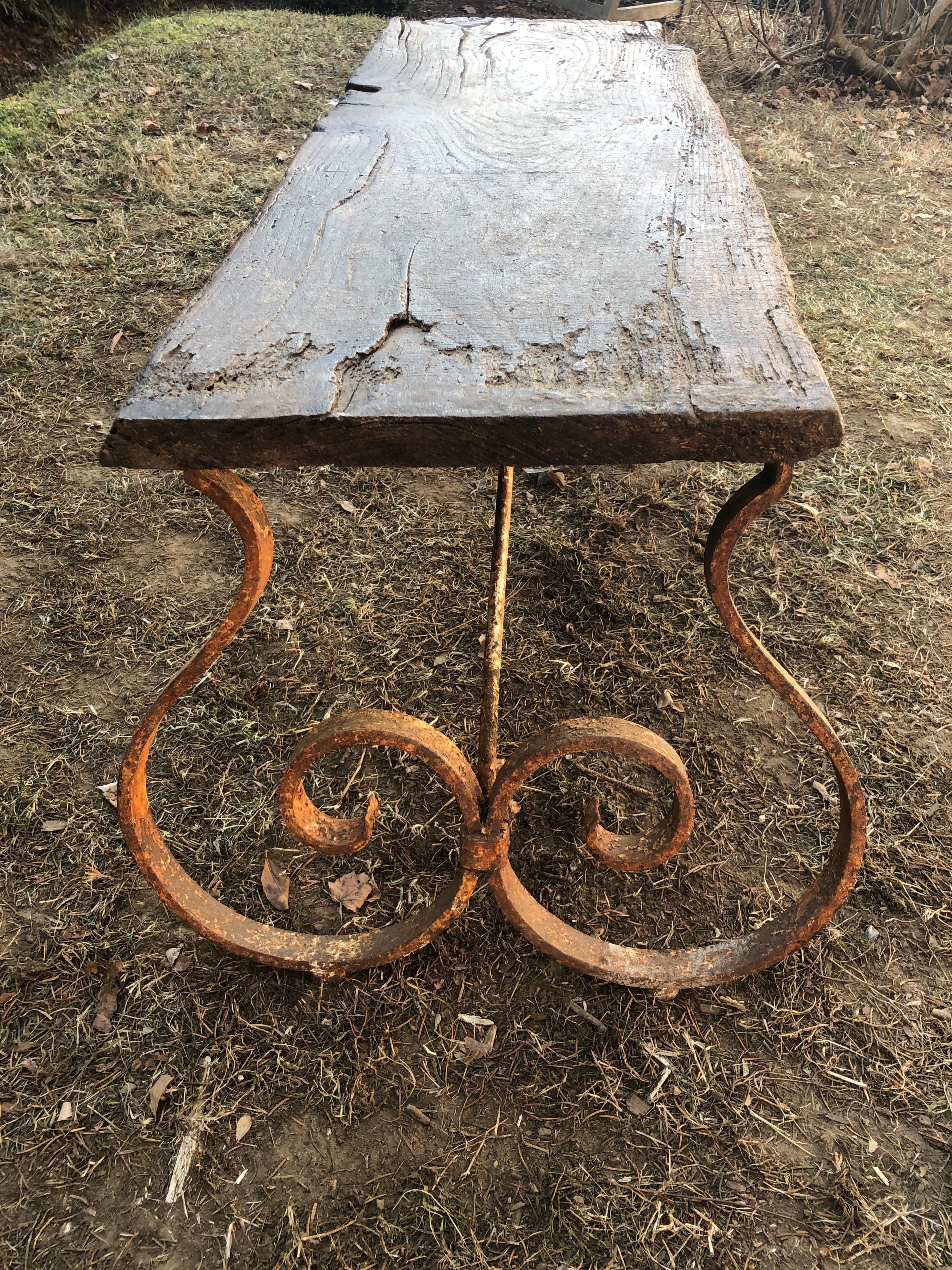 French 18th Century Bench/Coffee Table with Hand Forged Wrought Iron Base 8