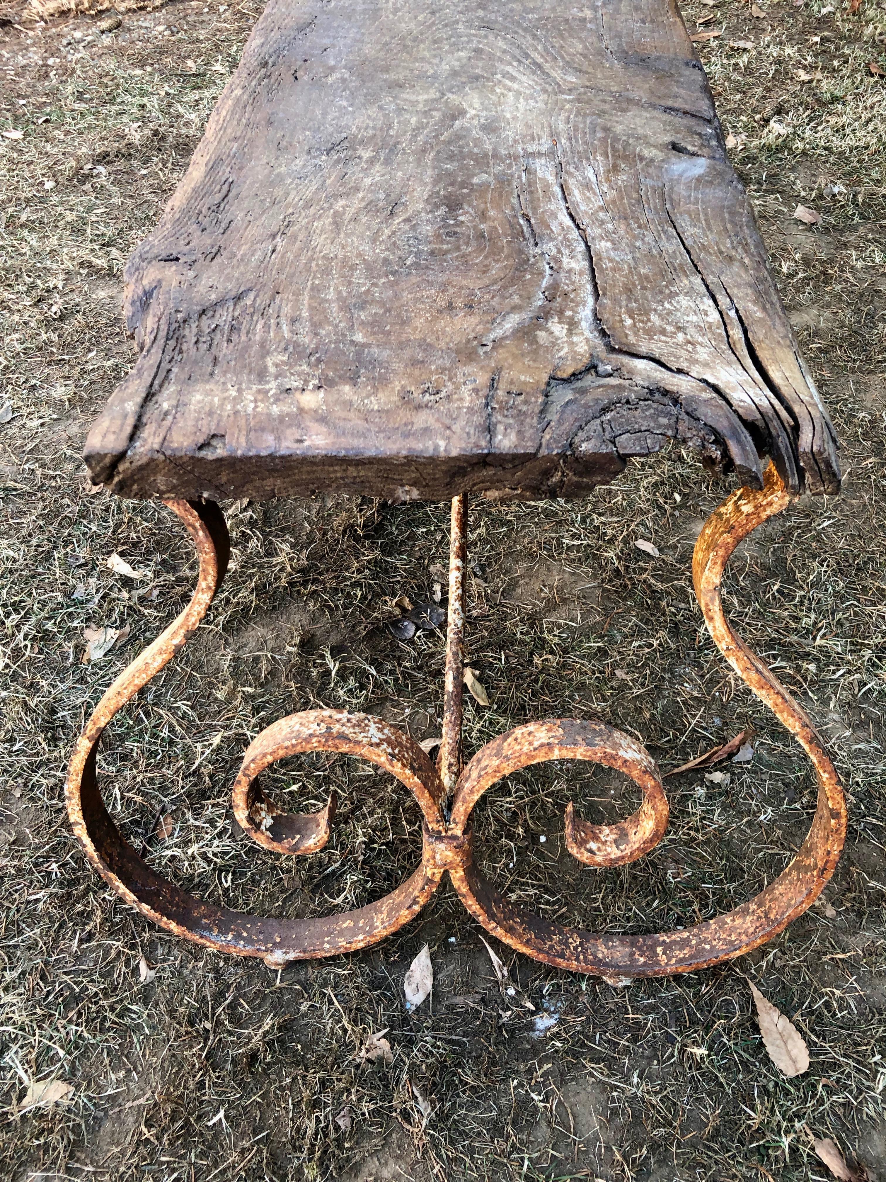 French 18th Century Bench/Coffee Table with Hand Forged Wrought Iron Base 9