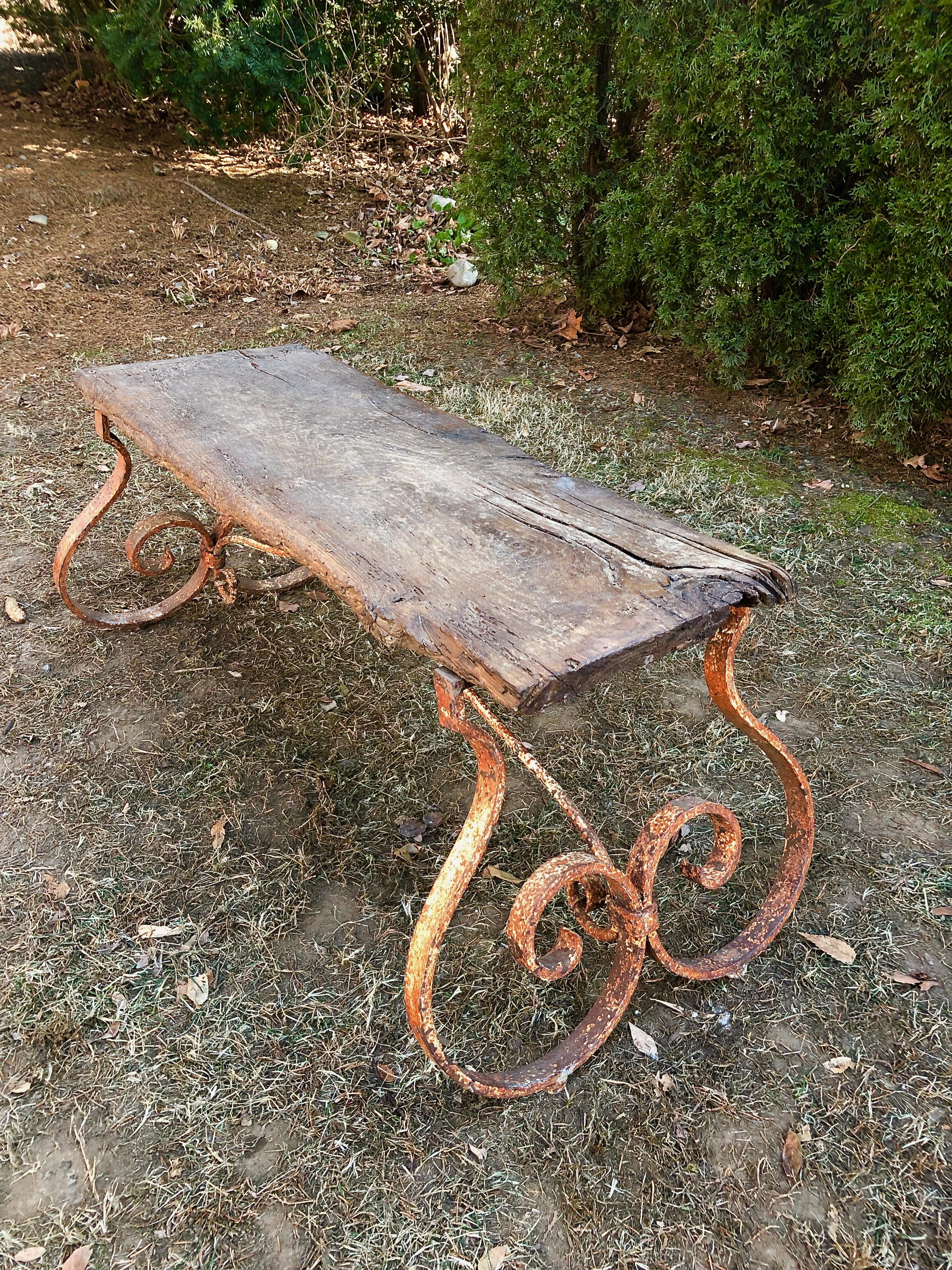 Hand-Crafted French 18th Century Bench/Coffee Table with Hand Forged Wrought Iron Base