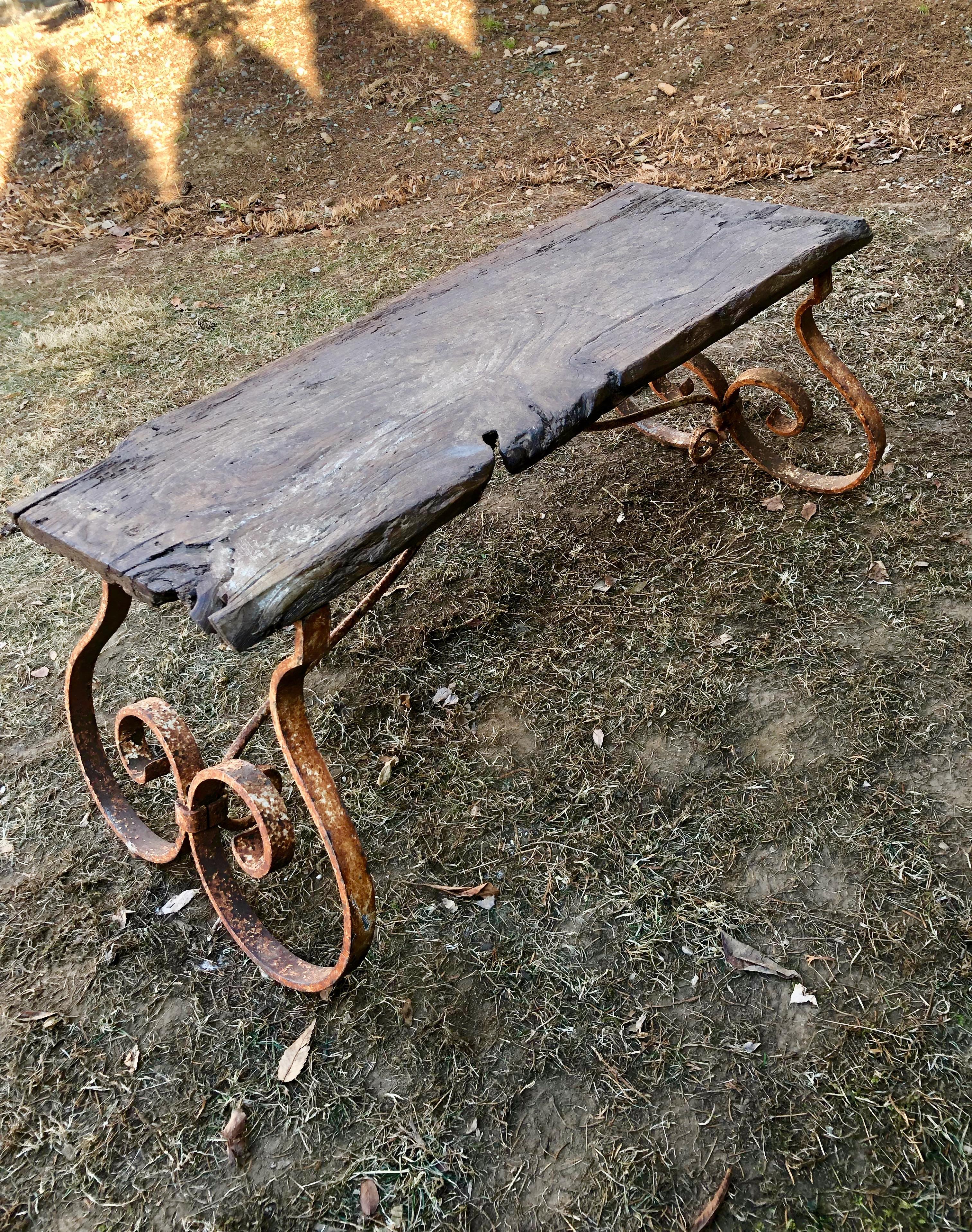 French 18th Century Bench/Coffee Table with Hand Forged Wrought Iron Base In Good Condition In Woodbury, CT