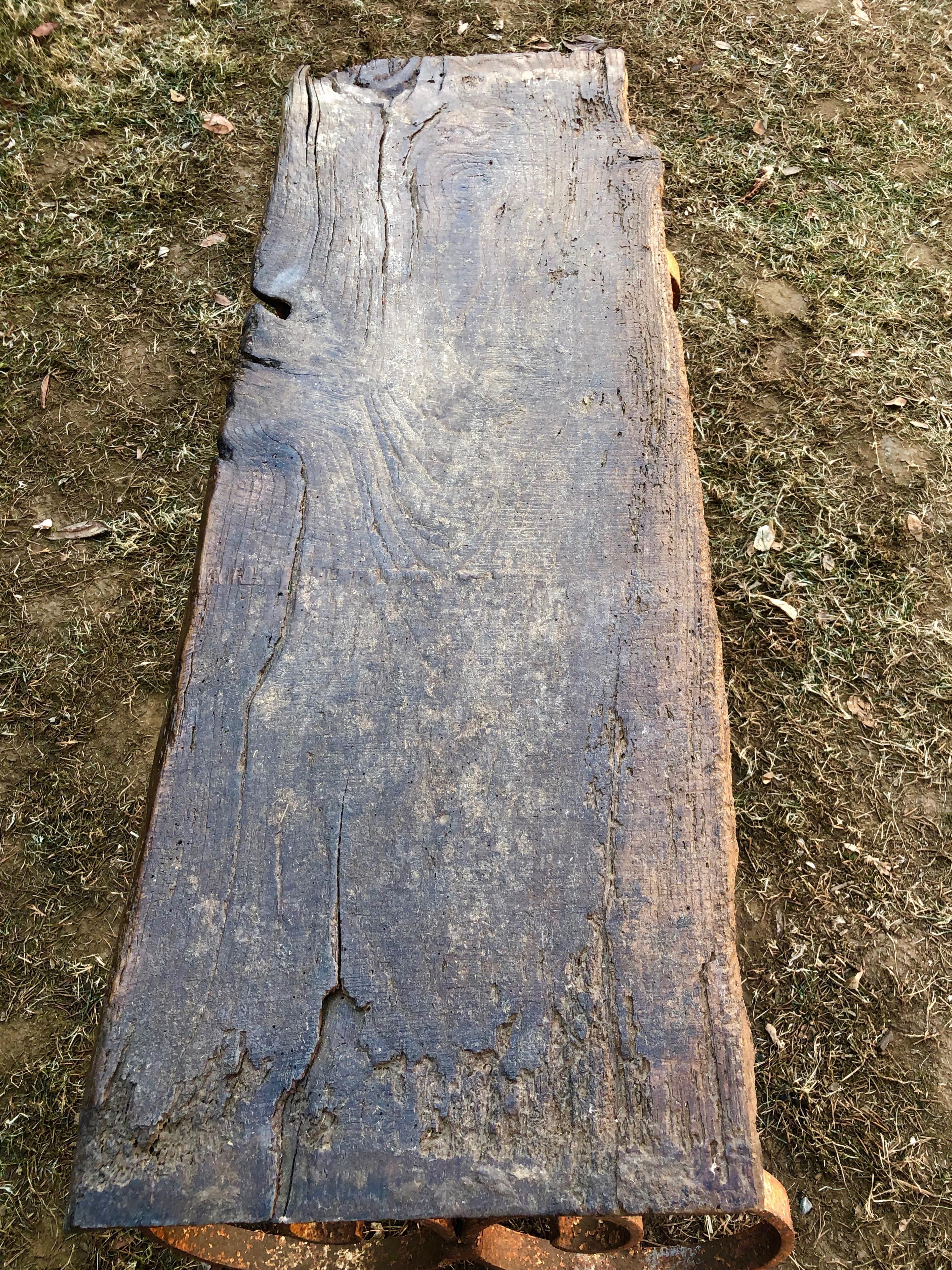 French 18th Century Bench/Coffee Table with Hand Forged Wrought Iron Base 2