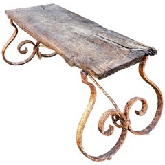 French 18th Century Bench/Coffee Table with Hand Forged Wrought Iron Base