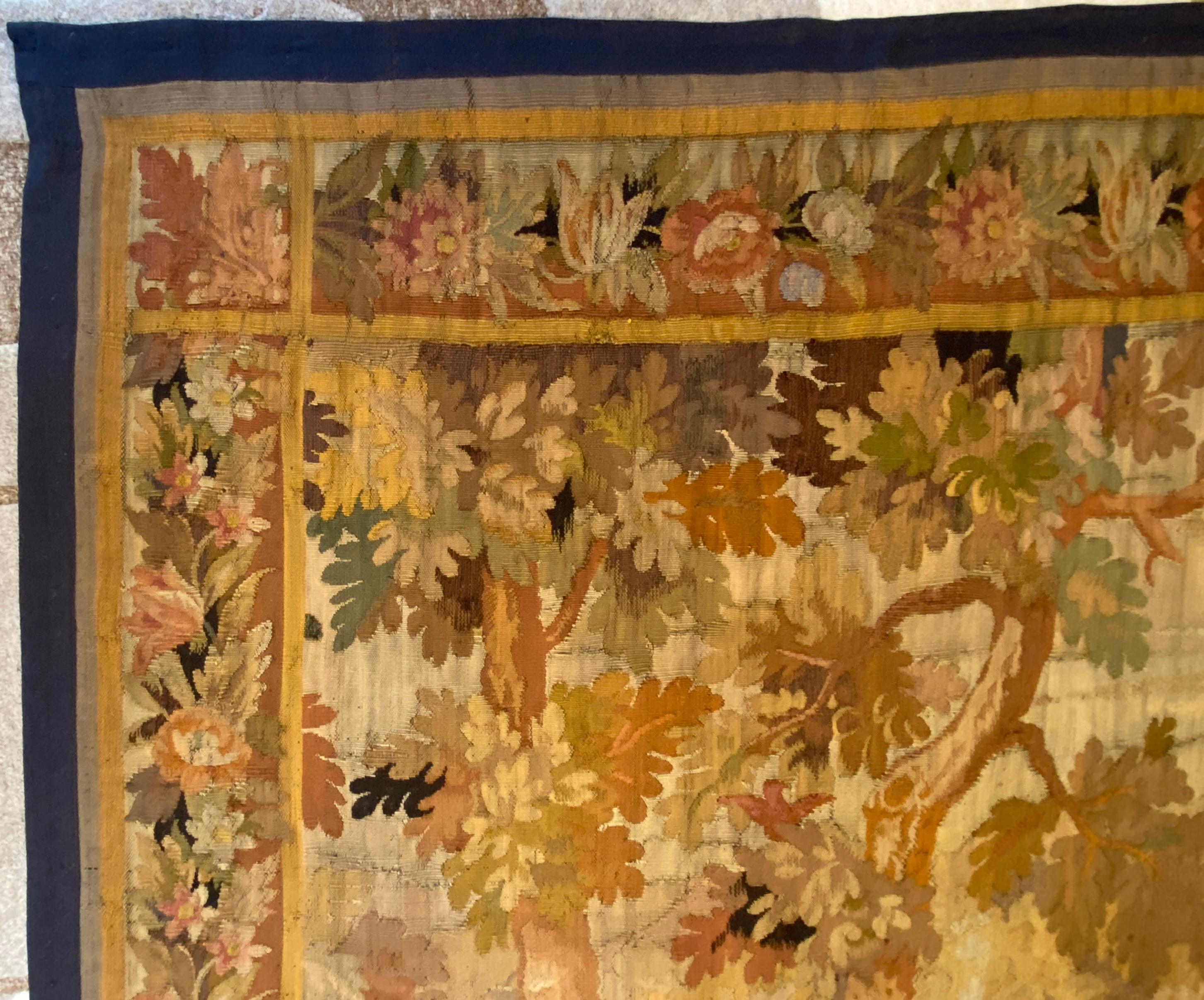 Belle Époque French 18th Century Aubusson Verdure Tapestry, Antique French Landscape Tapestry For Sale