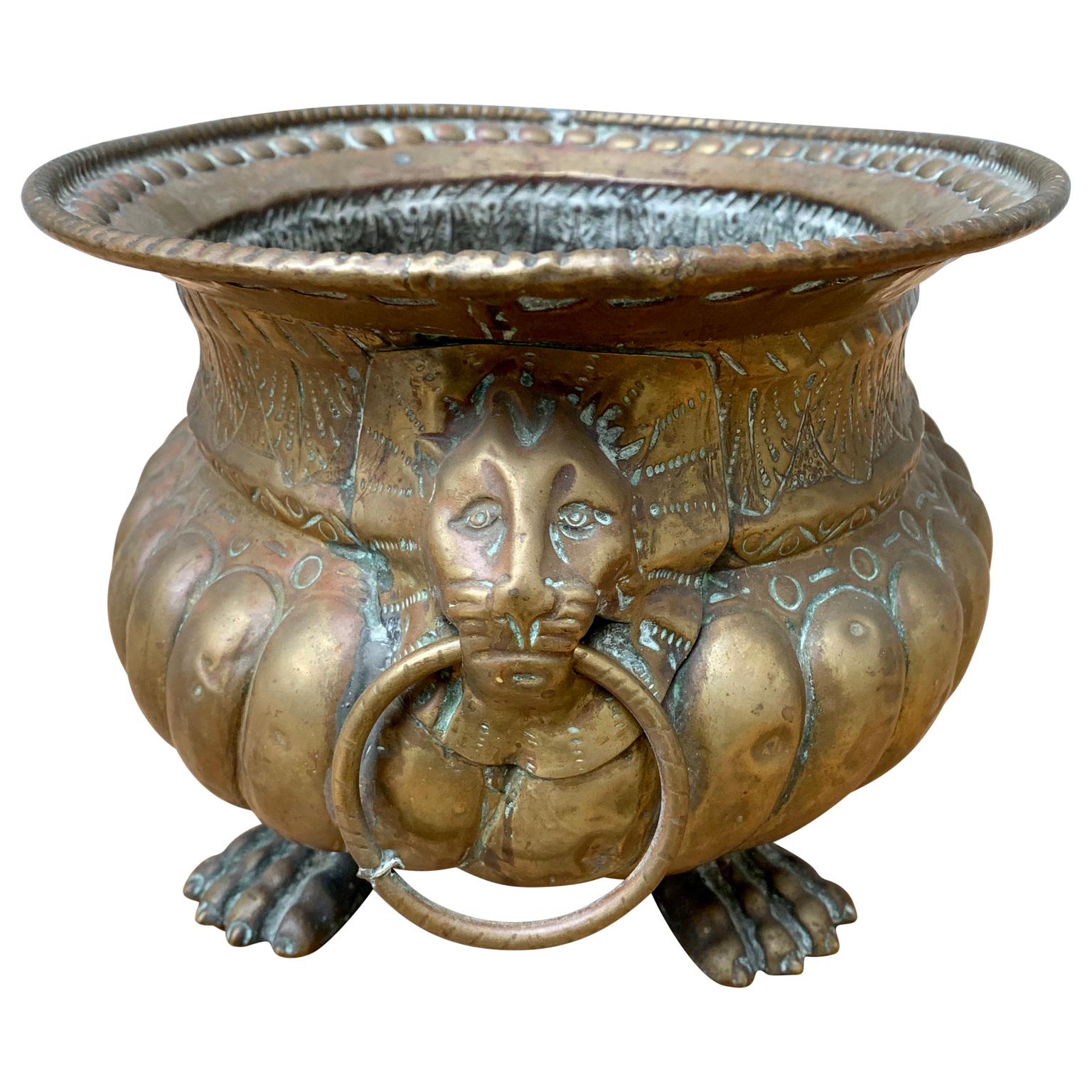 Hand-Crafted French 18th Century Baroque Brass Lion-Head Champagne Cooler and Jardinière