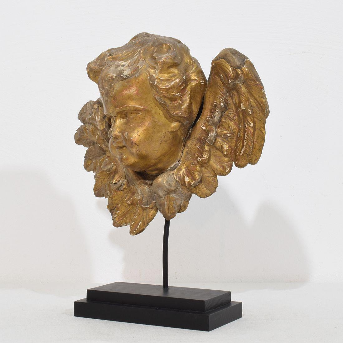 Magnifique tête d'ange en bois doré patiné par les intempéries.
France, vers 1700-1750
Altéré, plusieurs pertes sur la dorure et réparations anciennes qui conviennent à son grand âge.
Mesure ci-dessous incluant la base en bois.

H:32cm  L:27cm