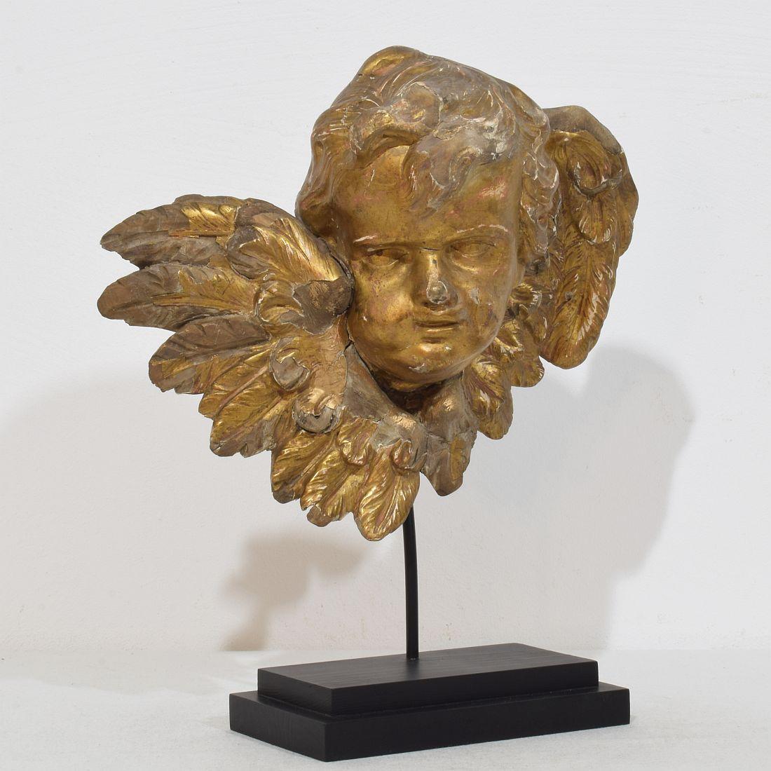 Hand-Carved French 18th Century Baroque Carved Giltwood Winged Angel Head For Sale