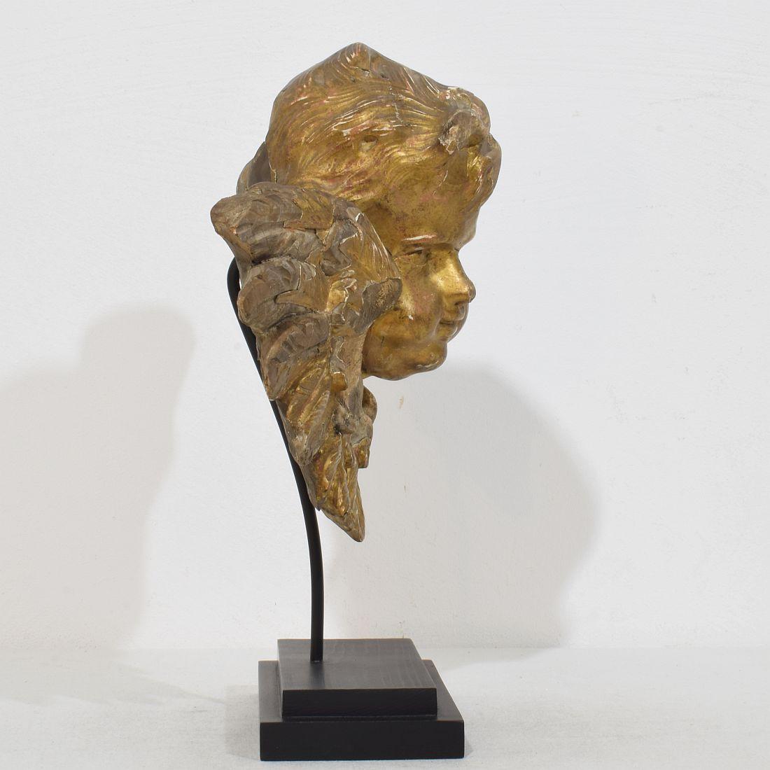 French 18th Century Baroque Carved Giltwood Winged Angel Head In Fair Condition For Sale In Buisson, FR