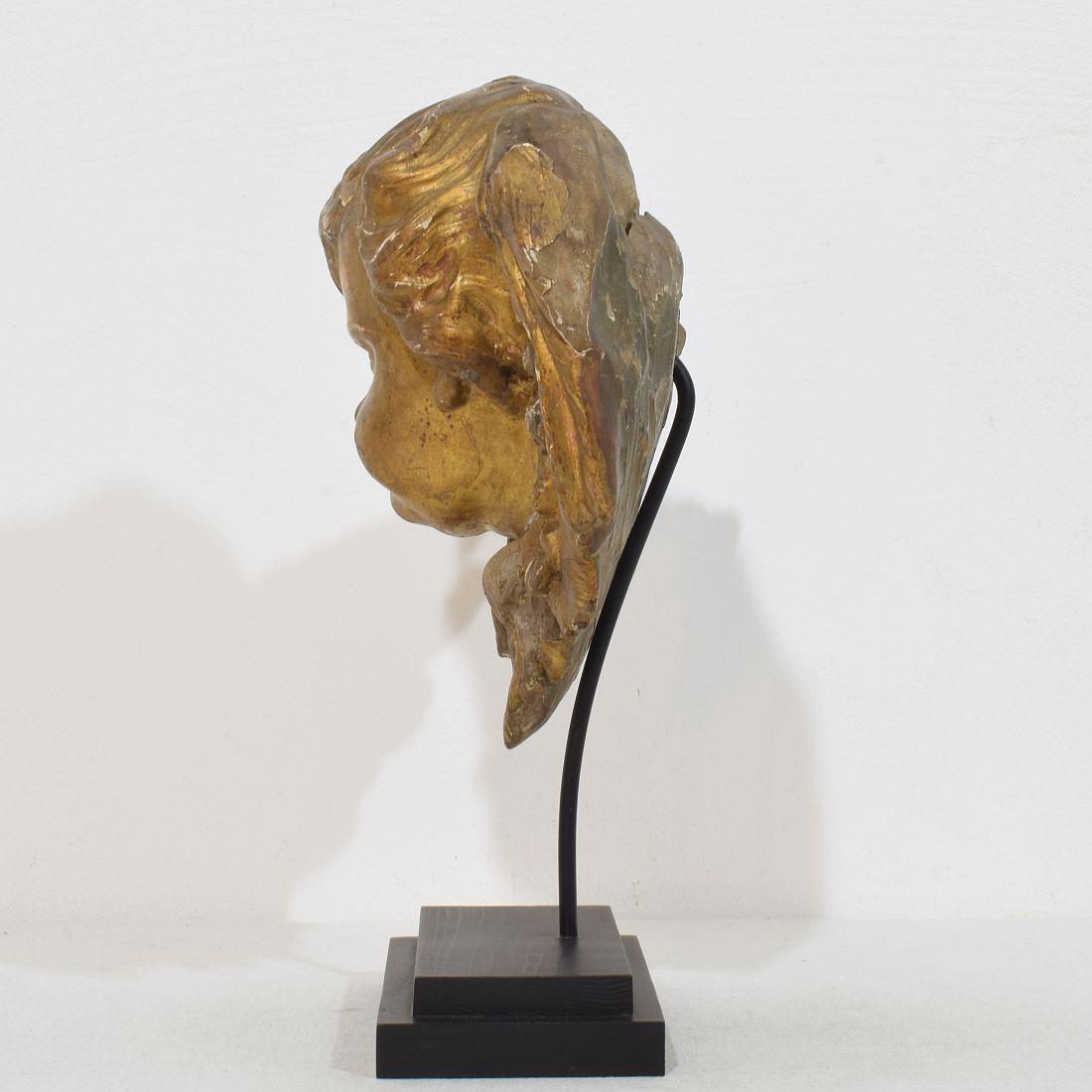 18th Century and Earlier French 18th Century Baroque Carved Giltwood Winged Angel Head For Sale
