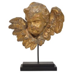 Antique French 18th Century Baroque Carved Giltwood Winged Angel Head