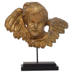 French 18th Century Baroque Carved Giltwood Winged Angel Head