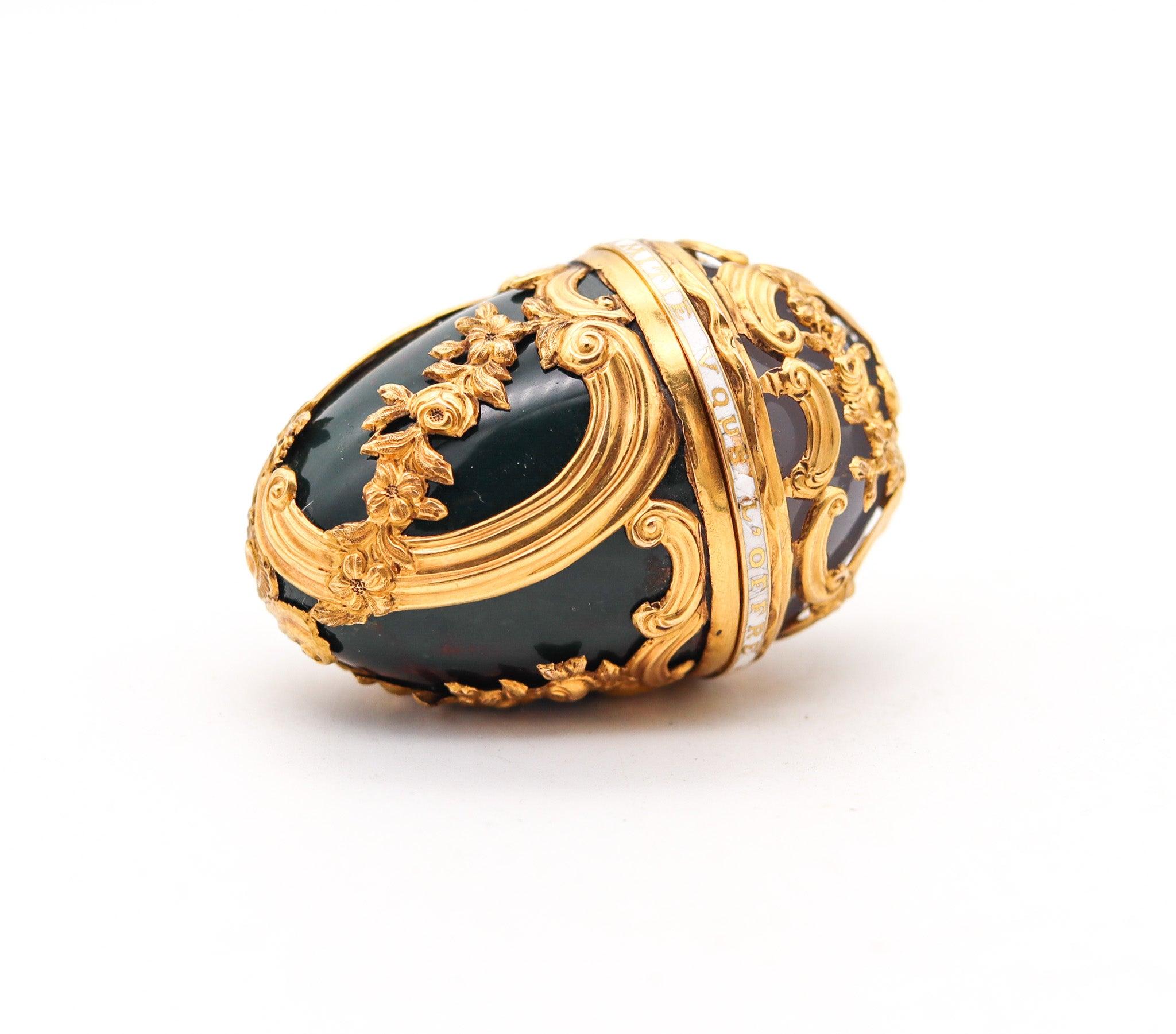 French baroque egg-shaped box.

An exceptional beautiful box, created in Paris France during the late 18th century, circa 1780. The box is most probably a snuff box, designed in the Louis XV and Baroque style in the shape of an egg and has been
